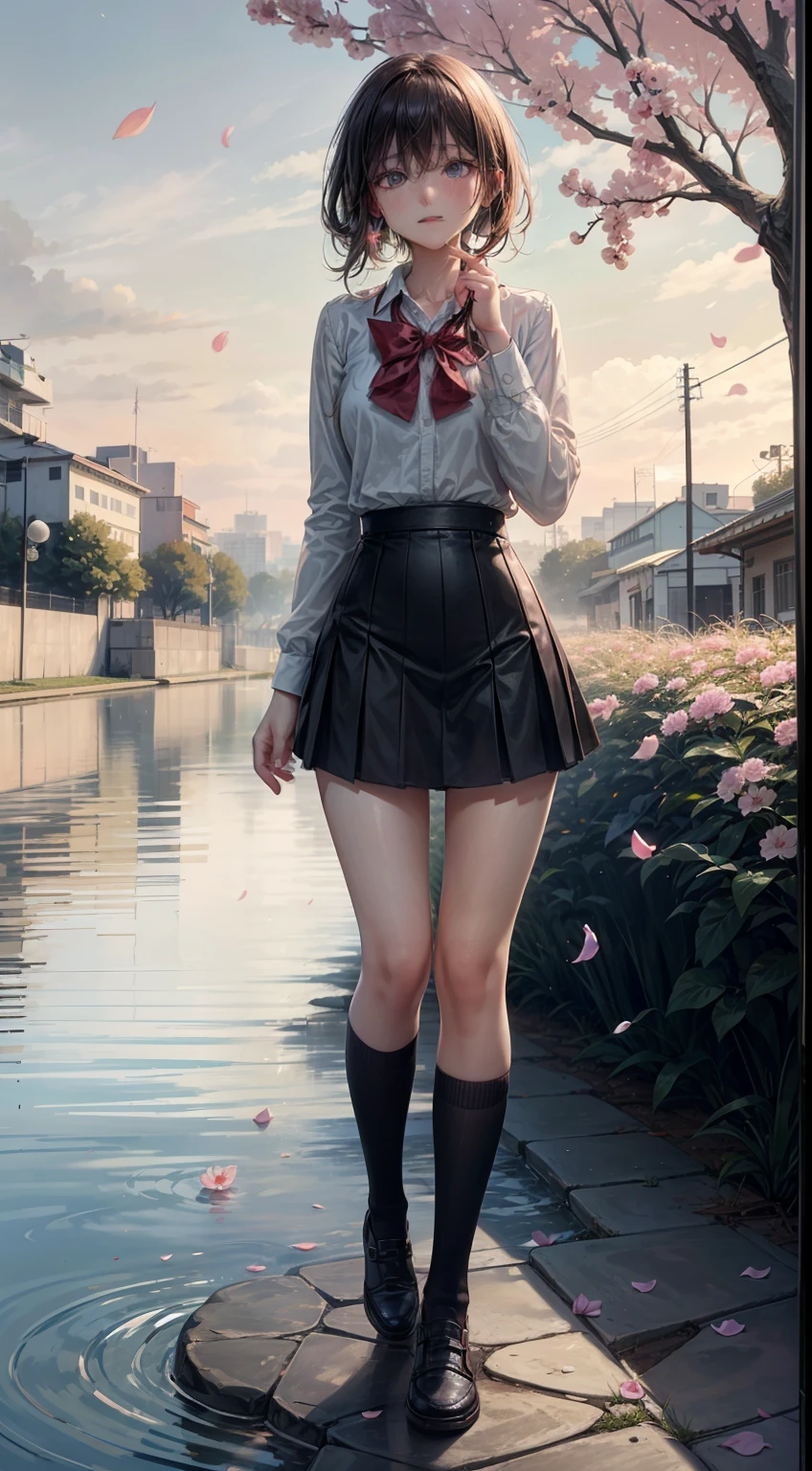 In the spring sun,She is as delicate as a flower petal,That shy look,It was as if the whole world had slowed down,Only she was there,Bloom quietly。 Her face is like the rising sun,That faint pink,Reminiscent of peach blossoms in the early morning。Her eyes were like twinkling stars,The deep black reveals an elusive mystery。These eyes are when shy,Will hang down half,Only a curved crescent shape remains,Make people want to keep looking inside,Discover the secrets of that depths。 Her demeanor has the gentleness of a virgin,Every step is like falling petals,Light and discreet。The voice in which she spoke,It's like a stream gently flowing through a stone,That soft and sweet voice,As if it can melt the hardest heart。 When she laughed,Like a spring breeze gently blowing through the fields,It fills people's hearts with warmth。And when she lowered her head shyly,Her cheeks would glow a thin shade of red,It was an unspeakable innocence and shyness。 Her heart is full of passion and dreams,It's just that she's ashamed to express,Often keep them in the back of their hearts。Her shyness is her most unique brilliance,Make her unique among all,It's unforgettable。 Her shyness,It is an innocence,It is a kind of introversion,It's an emotion,It makes her beauty even more moving,More radiant。It's like a spring flower,Although shy,But still enthusiastically open,Her shyness also makes her more real,More glamorous。,Top-down view,(Digital artwork:1.3),(a sketch:1.1)((Octane rendering)),the city street,High-rise tail alley,(Shy girl,low head,Hold your index fingers in front of your chest and touch each other,is shy,Be red in the face),((JK school uniform,short detailed hair)),(Full body like:1.4),Realistic digital painting portrait,shot at 8k resolution,petrol liquid,pastel colour,splashart,Pink and blue and purple petals,Lithography in intricate details,(light particules:1.2),(game concept:1.3),(depth of fields:1.3),Global illumination,detail-rich,Trends on ArtStation,((illustrious)),super-