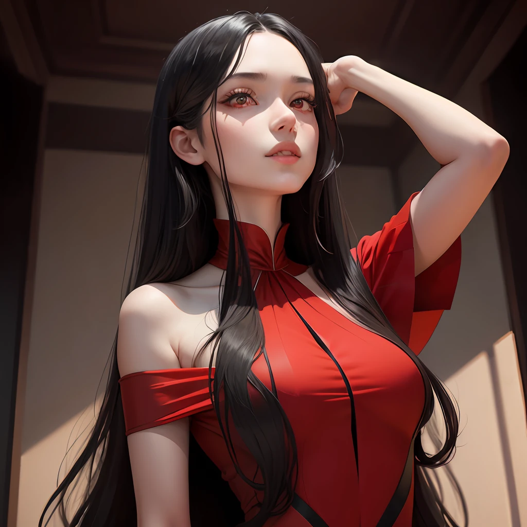 best quality, masterpiece, long Black hair, red eyes, looking up, upper body, red dress