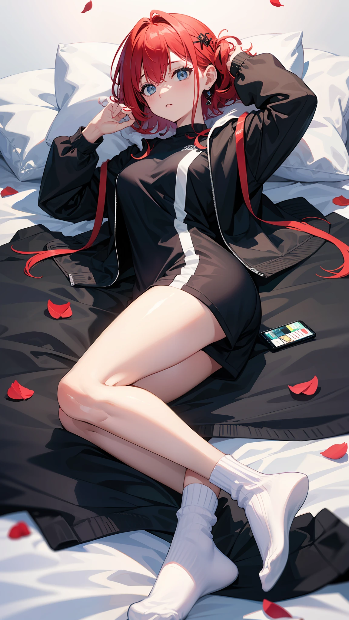 (8K,best qualtiy,tmasterpiece:1.4),A big sister,(random hair style,Random hair color,Random length),(random costume,Modern clothing,Summer clothes,leisure wear),(Random pupil color,Random pupils),Random body type,Lie down in bed,Full body like,Random socks,petals,Random background,Random lighting effects,Random graphic effects,Lots of details