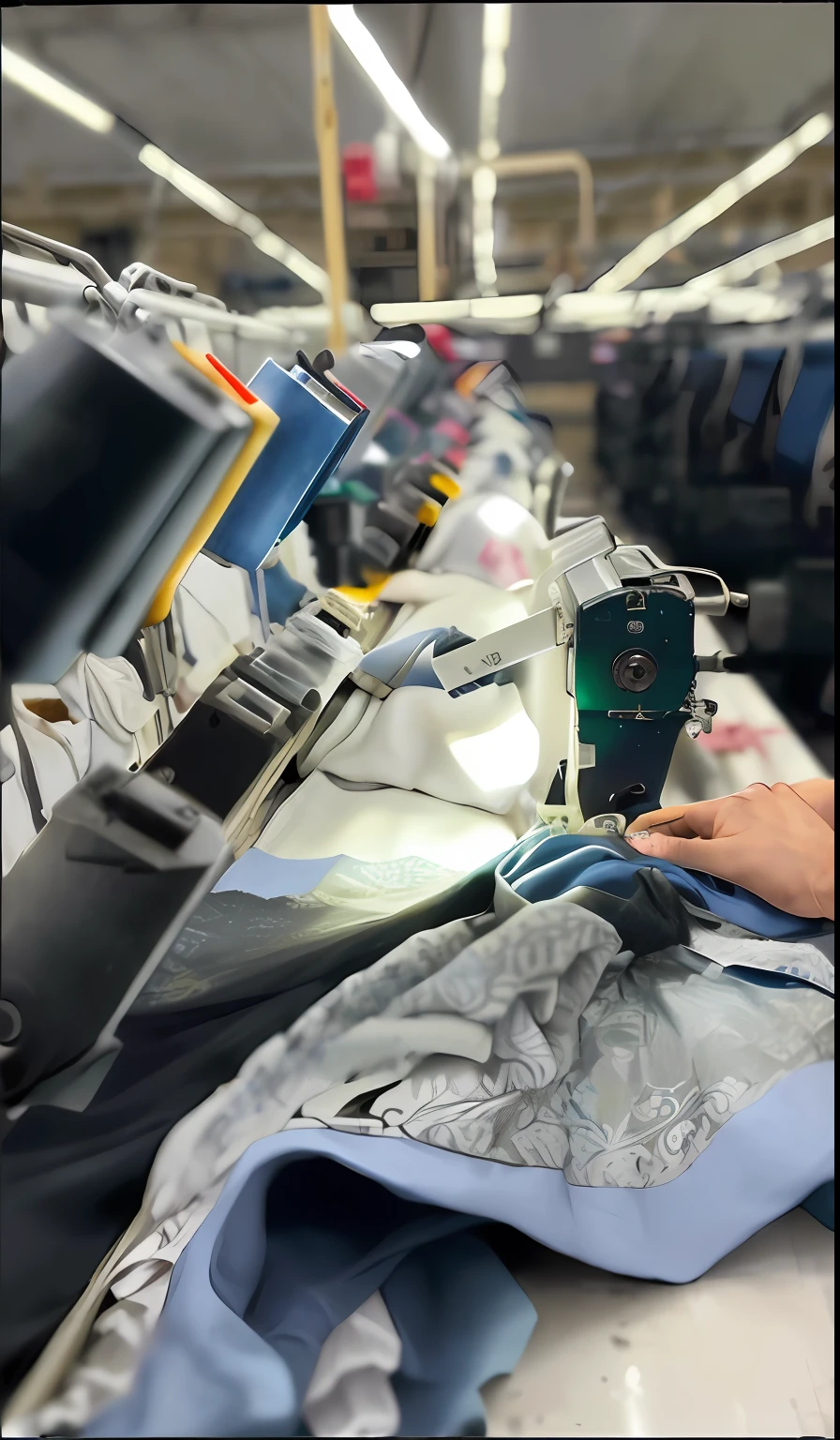 Araffe worker working on a piece of cloth in a factory, Pequena Manufatura, roupas sob medida, Costura, manufacturing, 🤬 🤮 💕 🎀, Cuidadosamente trabalhada, ombro na frente pose, em detalhe, Detalhes adicionais, Trabalhando, inspect in inventory image, Detalhes corretos, muito consistente, veja todos esses detalhes, visual deslumbrante, Nos bastidores