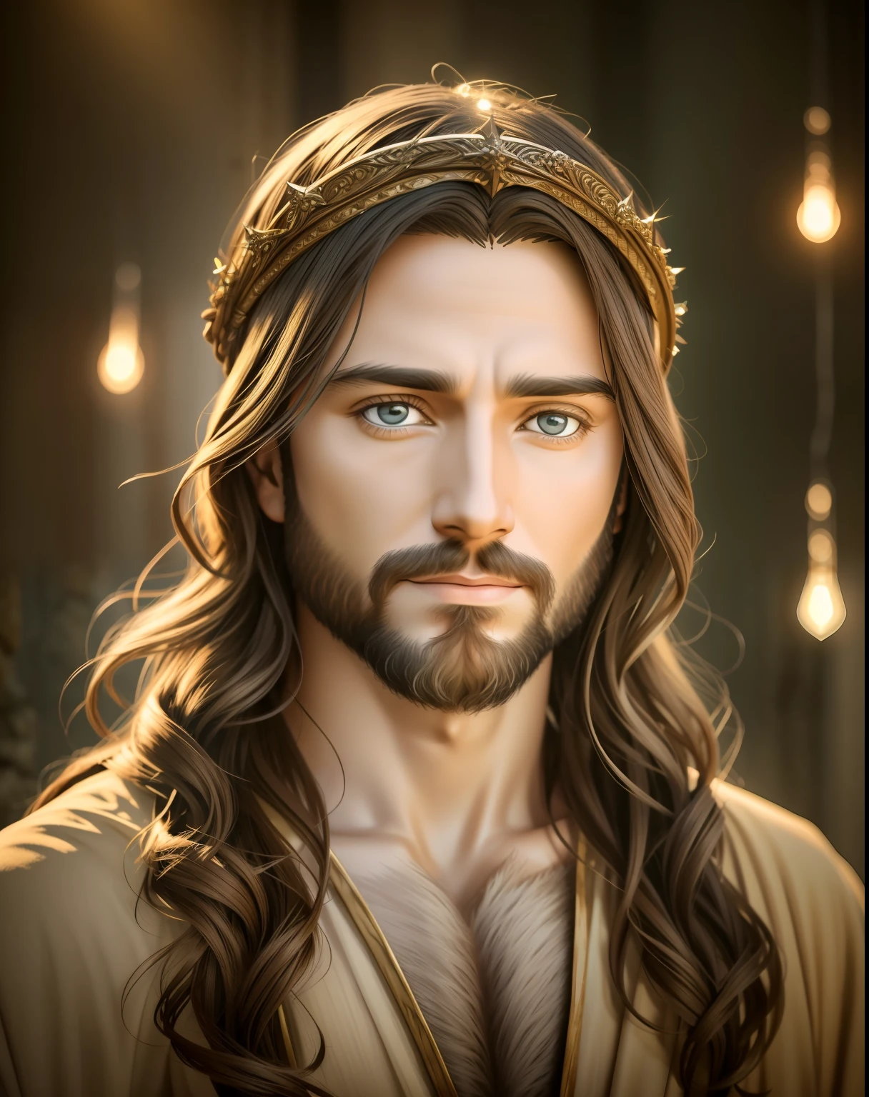 photo of Jesus, in biblical times Jesus, Photorealistic light environment, full face, looking at the Camera, calm eyes, serene and loving face, sweet look, is with lights in the background, The whole environment is clear, Photo by Busto --auto --s2