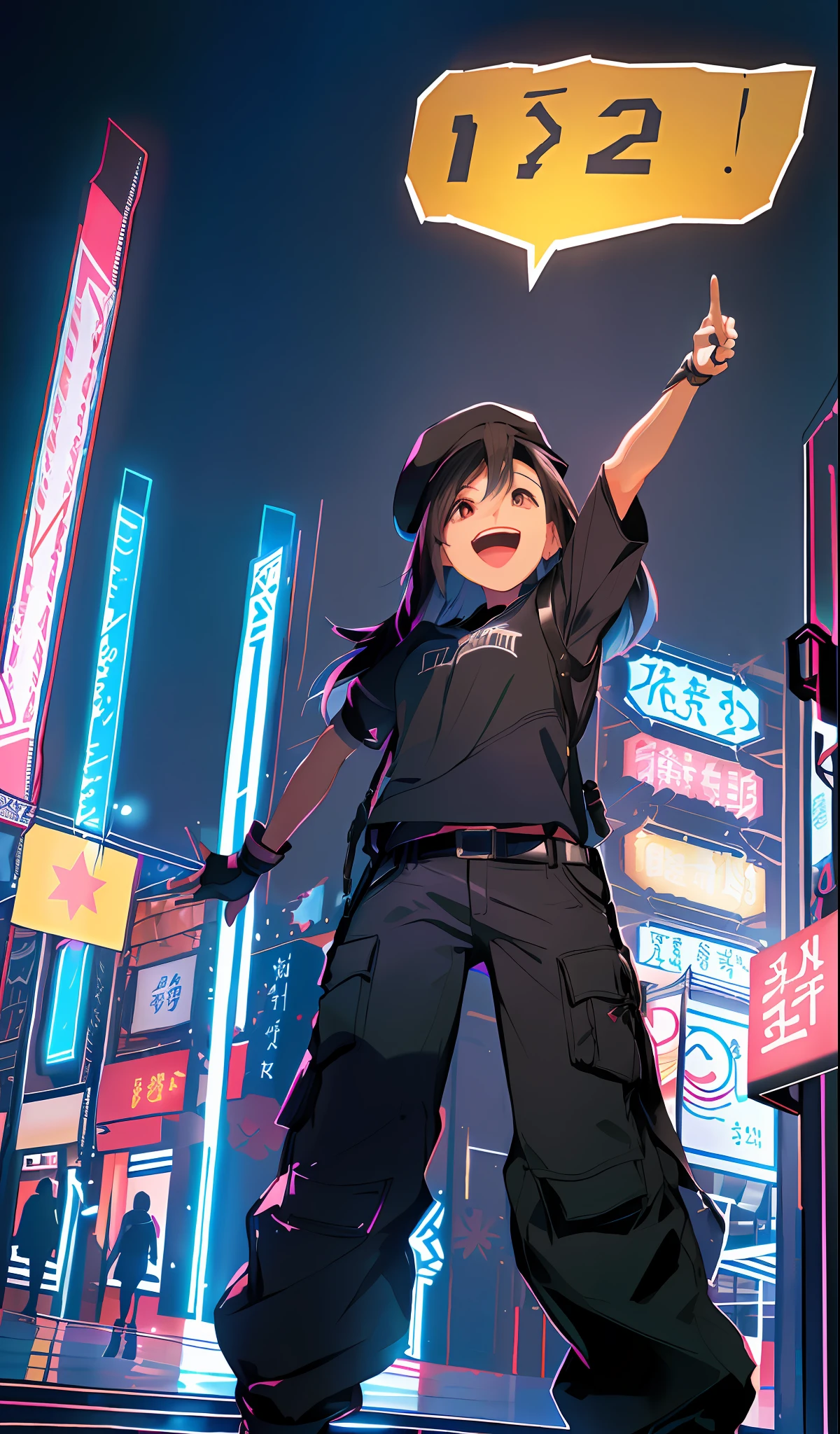 tmasterpiece,HighestQuali,Kizi,Above your head is a dialog box,There are numbers on it "1 2 3" written on it, Pose(Lift with one arm + cheerfulness), Inspired by the China Expo Park, raise both arms, inspired by Saneatsu Mushanokōji, pudica pose gesture, triumphant pose,Black cap,shoulder-length short hair,Black short-sleeved T-shirt,Black cargo pants,Laugh happily