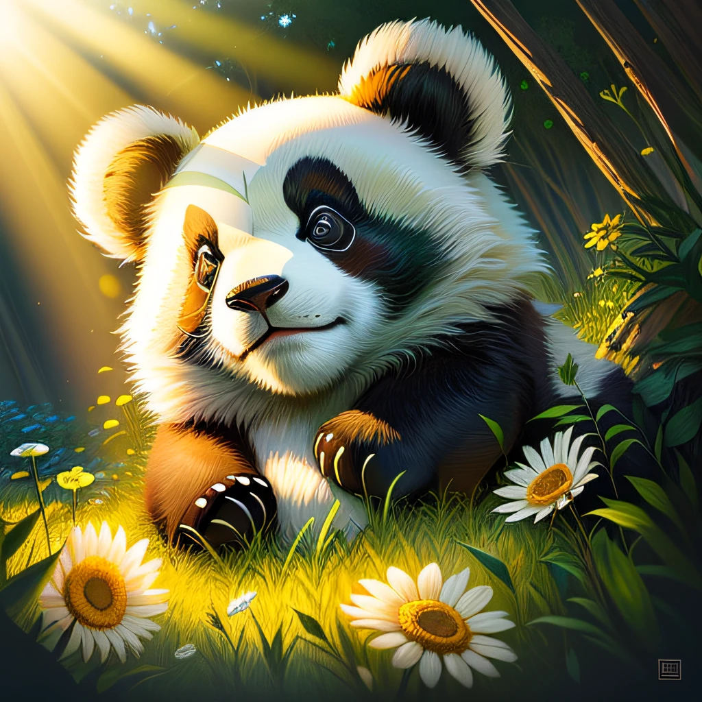 Panda sitting on the grass,Paws crossed, illustration,dream magical,rays of sunshine