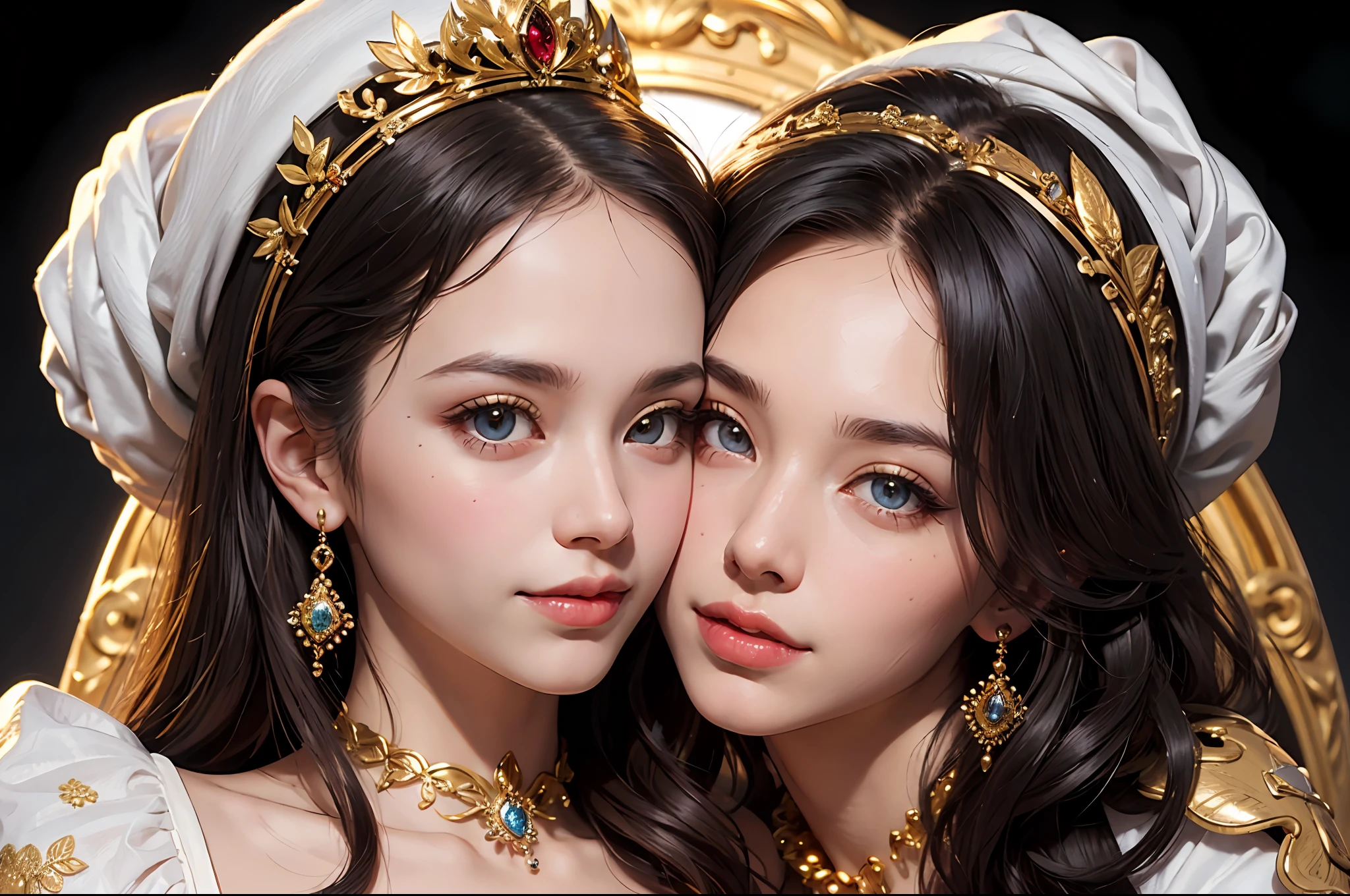 2 women aligned, smile, jewel, gorgeous, splendid, luxurious, (golden), goddess, motherhood, queen, drill hair, (forehead), saints, mature women, embroidery, cape, white dress, gleaming skin, detailed pupils, perfect eyes, perfect face, (((face focus))), Simple Background, masterpiece, official, best quality, high resolution, all intricate,