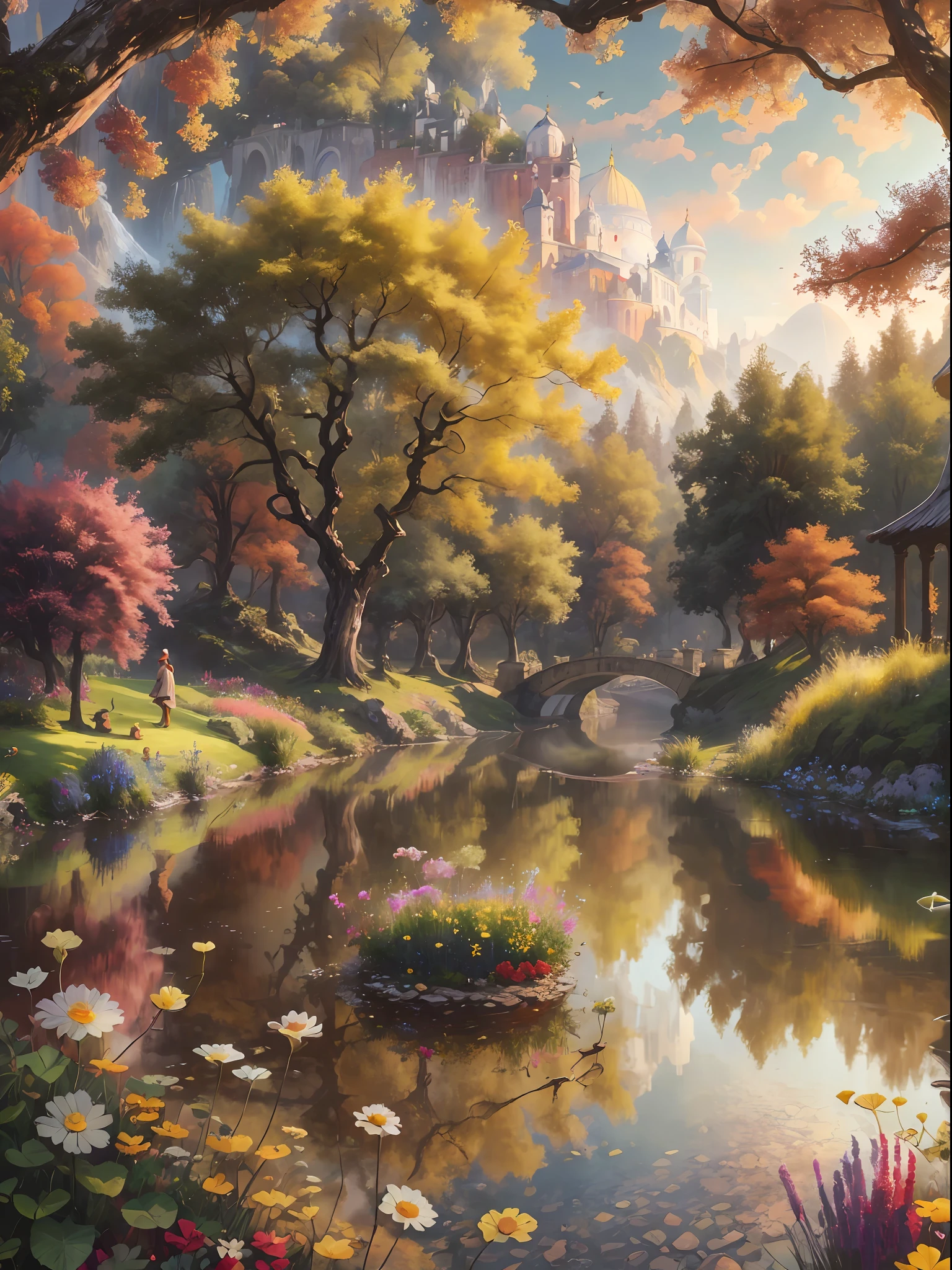 Pintura de un hermoso parque con un estanque y un puente, detailed scenery —width 672, Obras de arte de paisajes, scenery art detailed, Pintura detallada 4 K, inspirado por Evgeny Lushpin, Paisaje tranquilo, Arte digital 4K altamente detallado, Hermosa pintura digital, Hermoso arte UHD 4 K, 8k resolution digital painting, 8k resolution digital painting