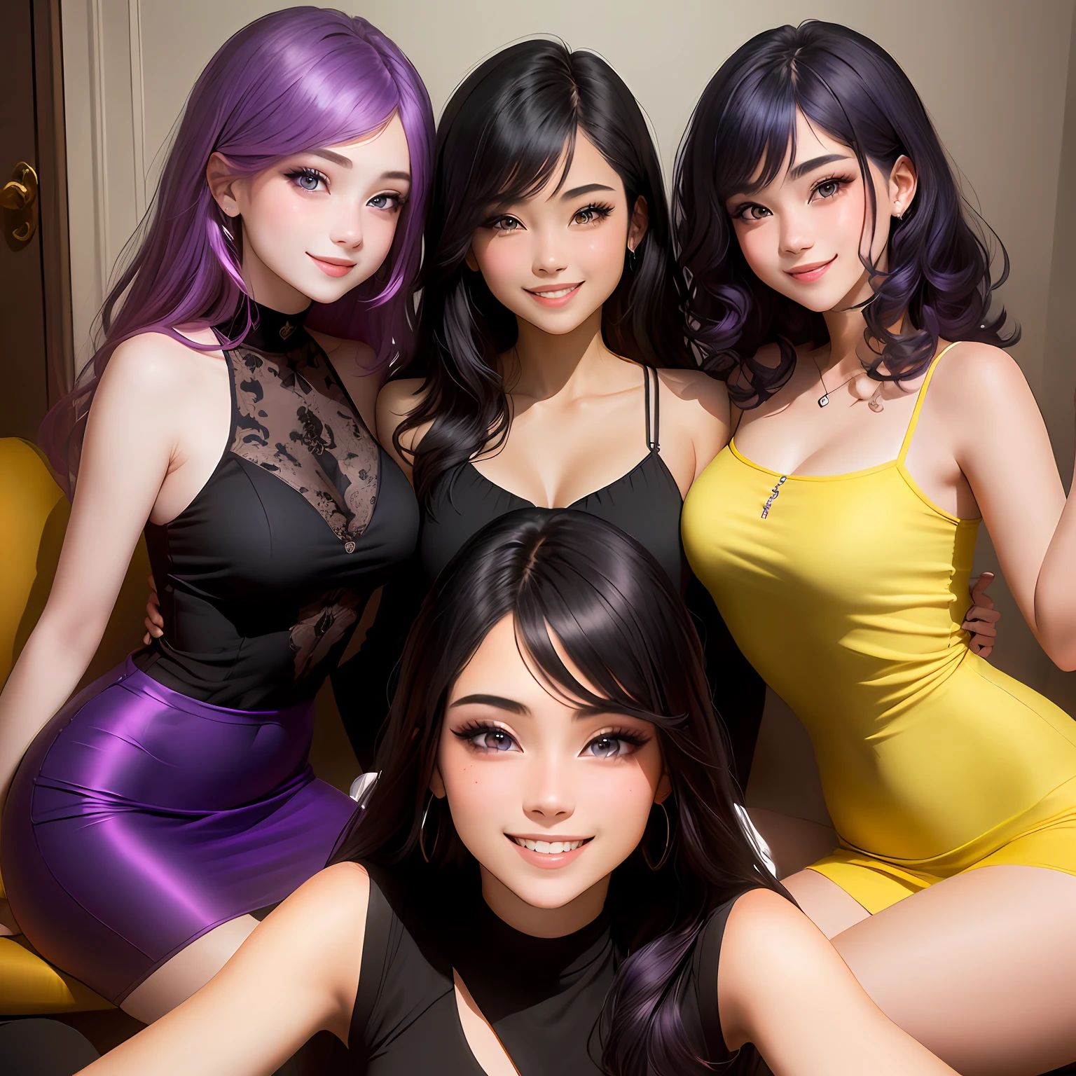 Two women, a girl with black hair, a girl with dark purple hair and purple eyes, two with a smile on their faces