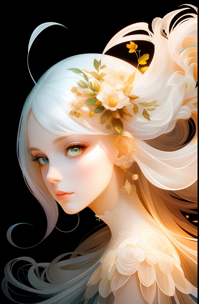 (Skeleton likes:0.4), ((Gorgeous princess)), (long white floating hair), (Bright and beautiful eyes), trending on artstationh, Flowers of Hope by Jean-Honor Fragonard, Peter Mohrbacher, ultra - detailed, insanely details, Stunning, Intricate, elite, Art Nouveau, opulent, Liquid wax, elegant, luxury goods, greg rutkovsky, Ink style, Sticker, Vector art beautiful character design, Double exposure shooting, Luminous design, Award-Awarded, Masterpiece, AMOLED black background,