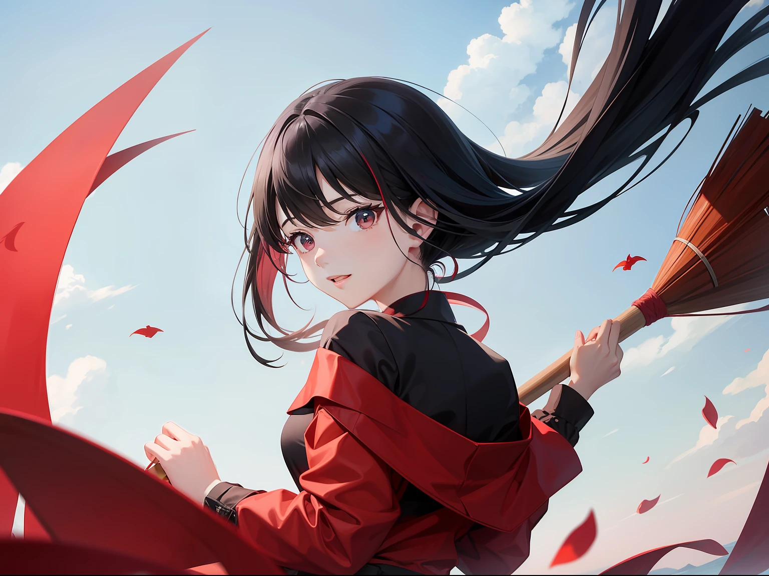 Black-haired girl in red clothes straddling a long broom、flying into the sky。beautidful eyes