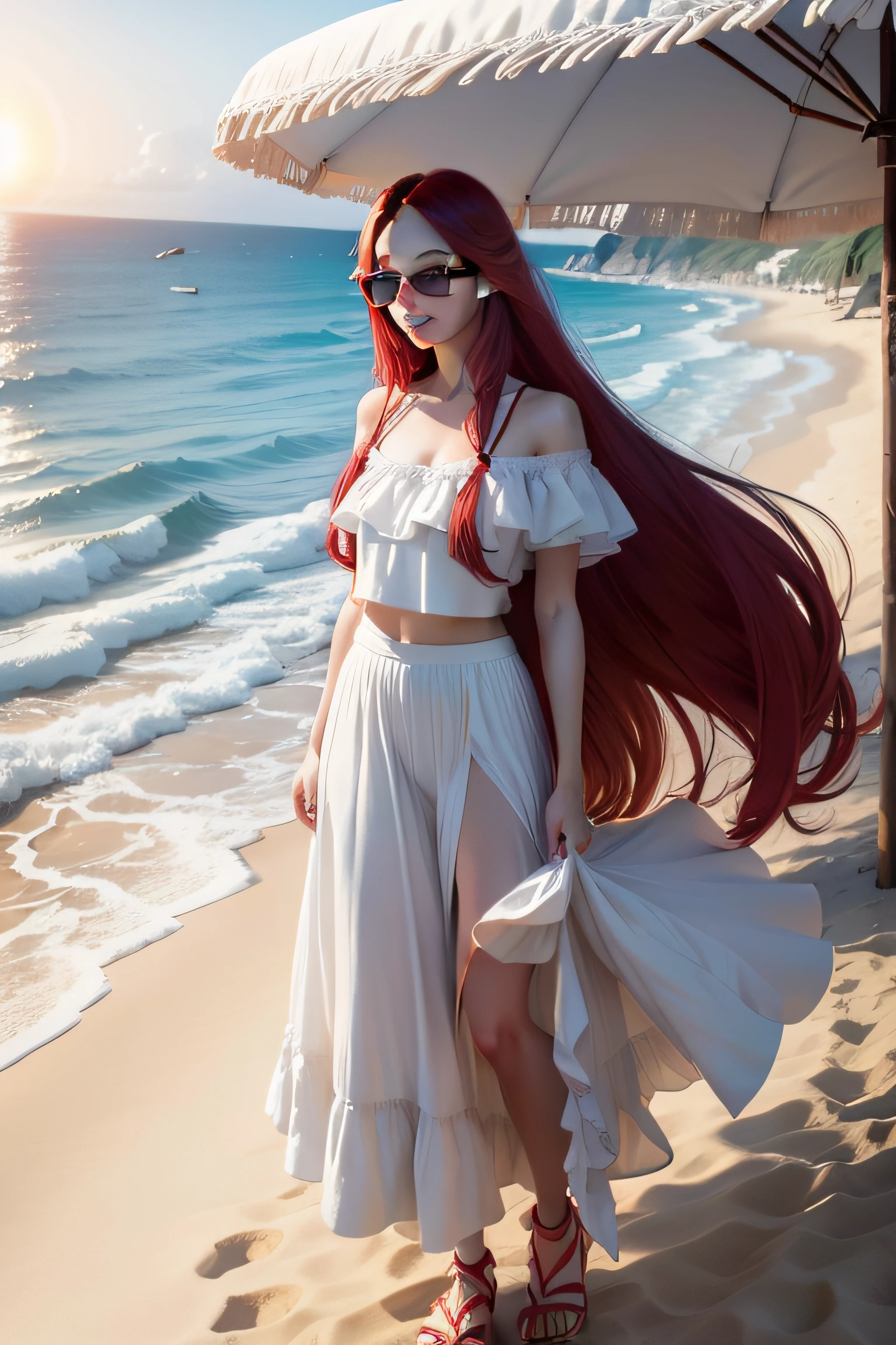Snow-white skin，Red long-haired，the setting sun，The sea and the beach，Wearing sunglasses，a white long skirt，sentado na praia，full bodyesbian ，realisticlying，wide angles，view from long distance