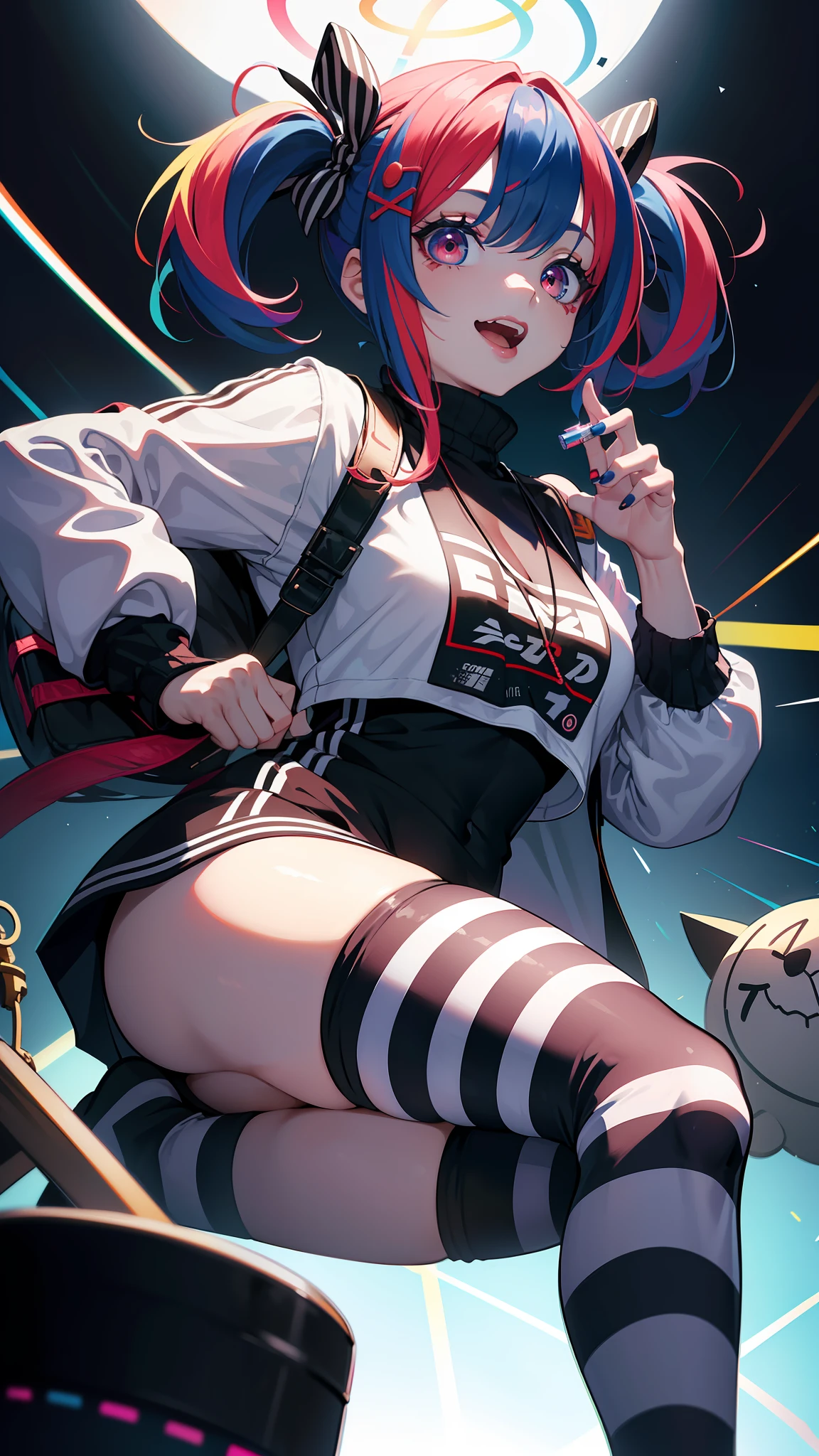 (8K,best qualtiy,tmasterpiece:1.4),(A bad girl,mature,Older),(random hair style,Random hair color,random length hair,Random hair accessories),(random costume,Modern clothing,Summer clothes,leisure wear,Random trinkets),(Random pupil color,Complex pupil color),random lipstick color,Random nail color,randome pose,Over-the-knee socks with random stripes,Maniacal laughter,Random makeup,Random background,random place,Random lighting effects,Random graphic effects,Lots of details