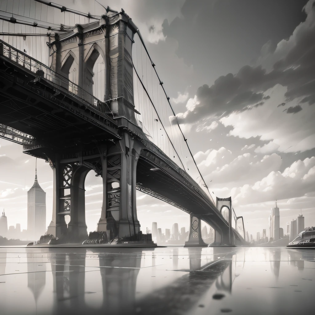 arafed view of a bridge over a city street with tall buildings, ominous clouds background, tall bridge with city in the back, inspired by Thomas Struth, Brooklyn, 4x5 styled street photography, 4k grayscale HD photography, grayscale photography, streets of New York, black and white film photography, 1 9 2 0 s Brooklyn, in the middle of New York