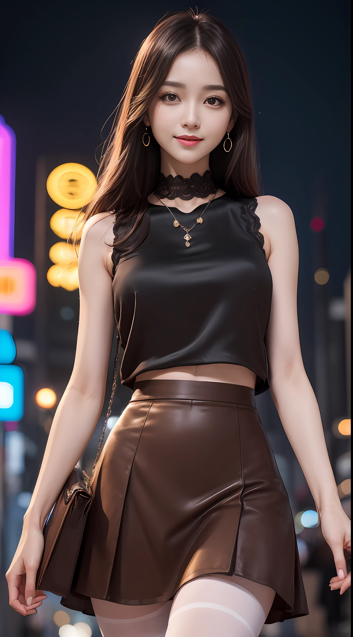 8k, masterpiece, RAW photo, best quality, photorealistic, extremely detailed CG unity 8k wallpaper, Depth of field, Cinematic Light, Lens Flare, Ray tracing, (extremely beautiful face, beautiful lips, beautiful eyes), intricate detail face, ((ultra detailed skin)) 1girl, in the dark, deep shadow, pretty korean girl, kpop idol,(very slim slender fit-muscled body:1.3), ((looking at viewer)),(big smile:1.3), (tight mini skirt, sleeveless), (fashion city night, (neon sign), (big building), fashion street night),(no people), (without people in the background:1.3), pretty korean girl, white diamond earrings, dia bracelets, dia necklace, pantyhose, clear eyes, walking , front shot, (pale skin), face forward, (big eyes), ((upper body shot)), ((silk Laced)), ((black, chocolate color skirt:1.3)), (brown hairs) (looking at viewer:1.3), (see through blouse), open breast, very slim, medium breasts, Hermes bag