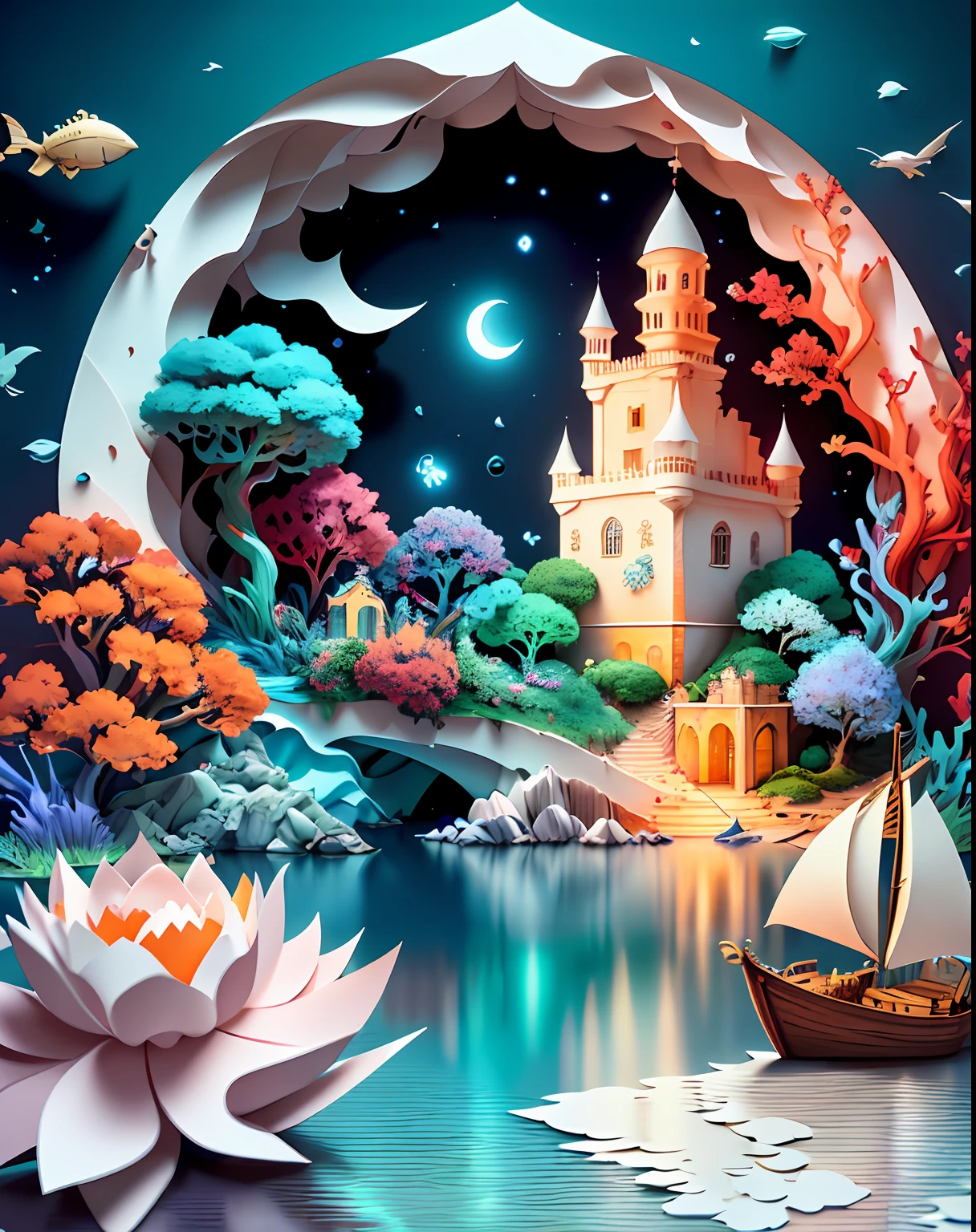 Softlight,(warm color:1.2),Water color painting,light background,best quality exquisite details,3d rendering,Octane render,pastel, Moon, boat, sea, storm,(paper_cut:1.15),
Beside a (pumice isle) in Baiae's bay,
And saw in sleep old palaces and towers
Quivering within the wave's intenser day,
All overgrown with azure (moss and flowers)
Ode to the West Wind
BY PERCY BYSSHE SHELLEY*