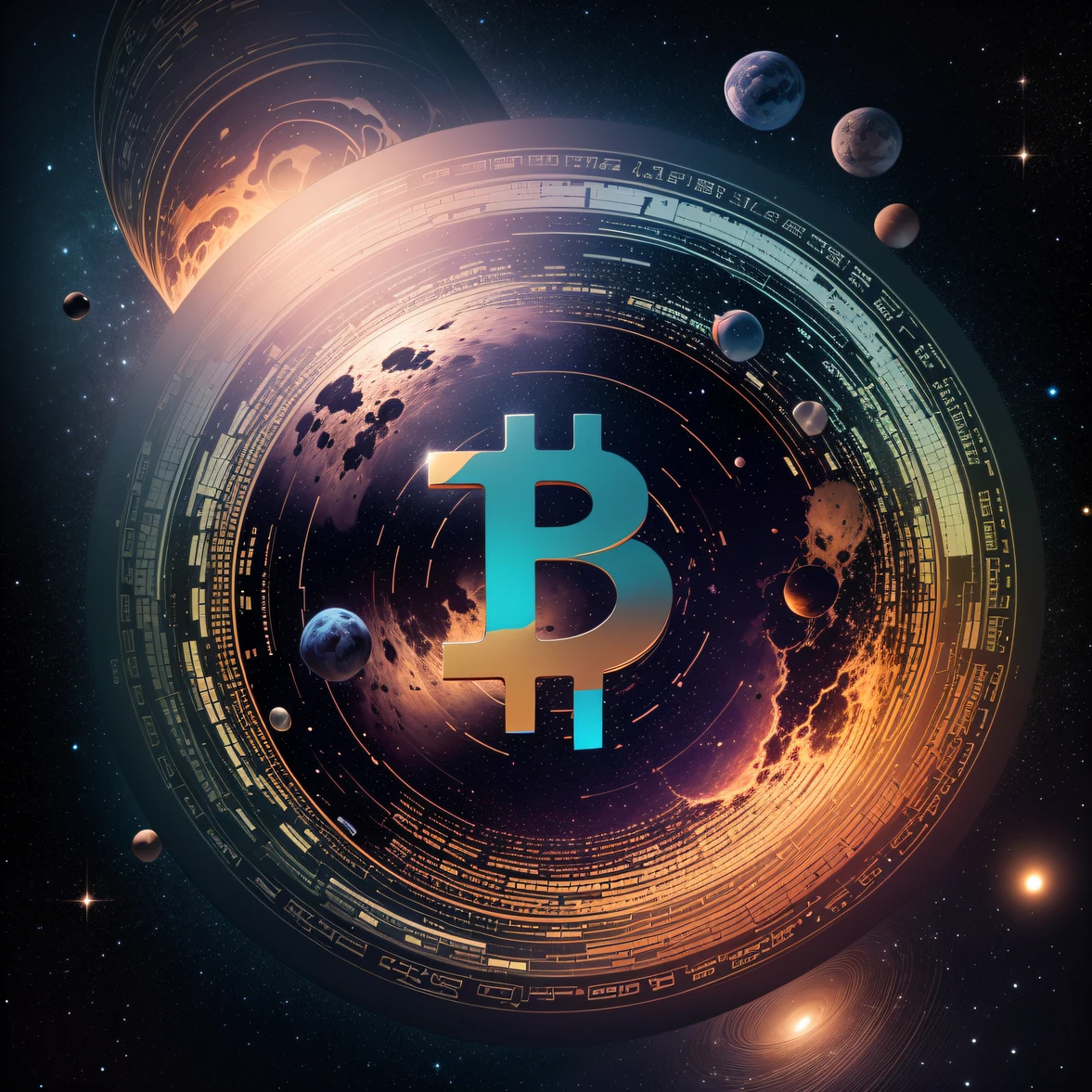 uma moeda do bitcoin bem definida, Traveling in the cosmos from space, ultra realista, estilo misterioso