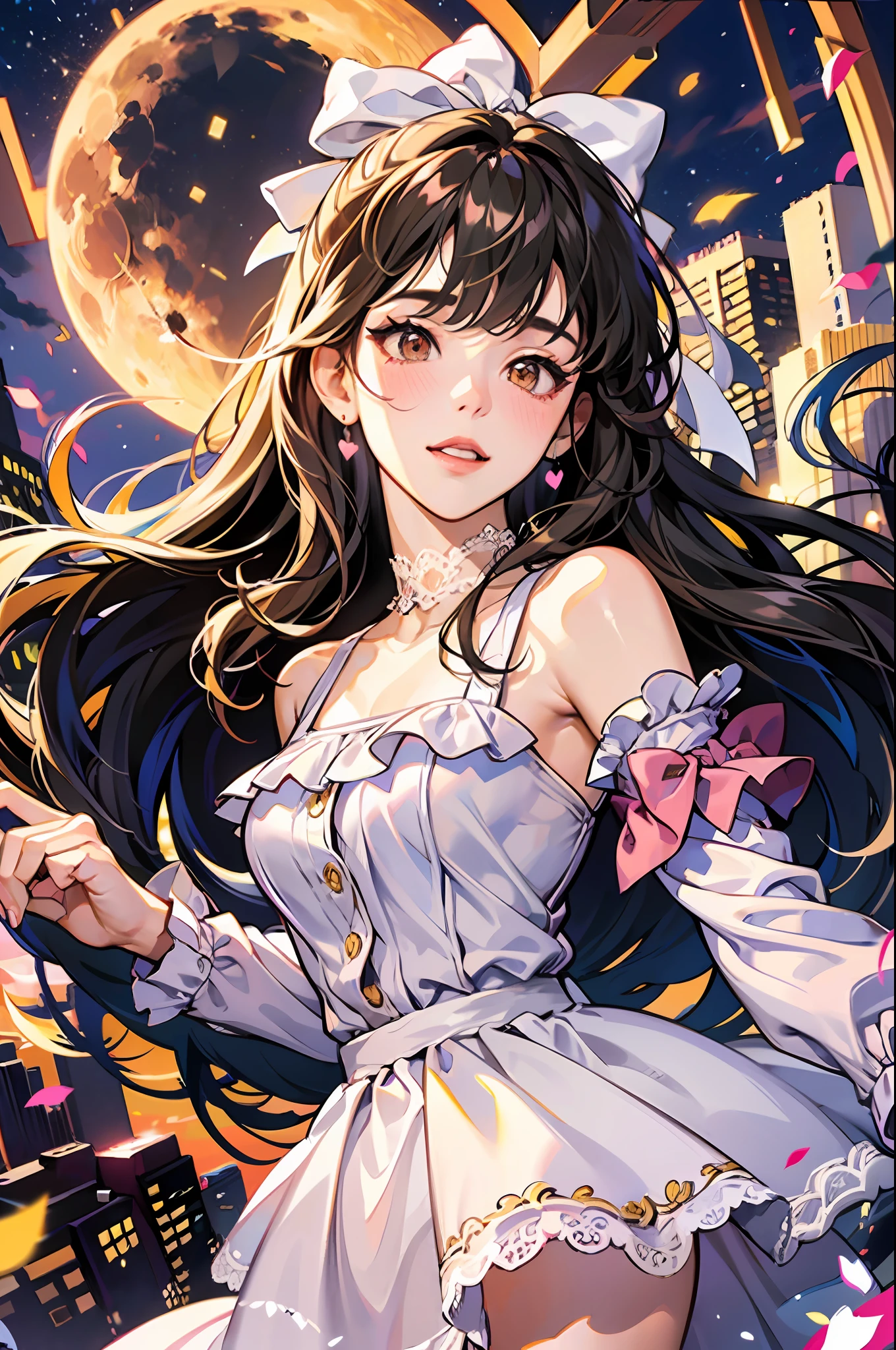 woman, skirt, long hair, medium shot, orange eyes, blunt bangs, white dress, pink jacket, bare shoulders,  frilled choker with heart, hair ribbon, lace trim, happy, blush, heart shape, hair over one eyes, seductive AND merge with this scenery, night, city highlight, from below, ((fisheye)), dynamic pose, starry, full moon, moon hightlight