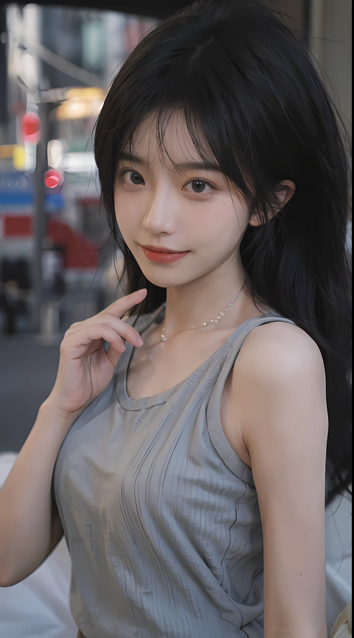 best qualtiy, 超高分辨率, (realisticlying:1.4),((Medium hair))),absurderes:1.2, The background is blurred out, bokeh:1.2, photography of, (RAW photogr:1.2), (realisticlying:1.4), (tmasterpiece:1.3), (complexdetails:1.2), 1girll, 独奏, japanaese girl, delicated, beautifuldetails, (Detailed eyes), (detailedfacialfeatures), petite, (((little breast))), skin tight, (looking_at_viewer), from_front, (being thin), (best qualtiy:1.4), (超高分辨率:1.2), cinematric light, (Extreme detail illustration), (Gloss on lips, best qualityer, 超高分辨率, depth of fields, Caustics, Wide lighting, naturalshadow, 85mm, f/1.4, ISO 200, 1/160s:0.75),1girll, 独奏, (((blue tanktop)))ssmile, 校服, choker necklace,