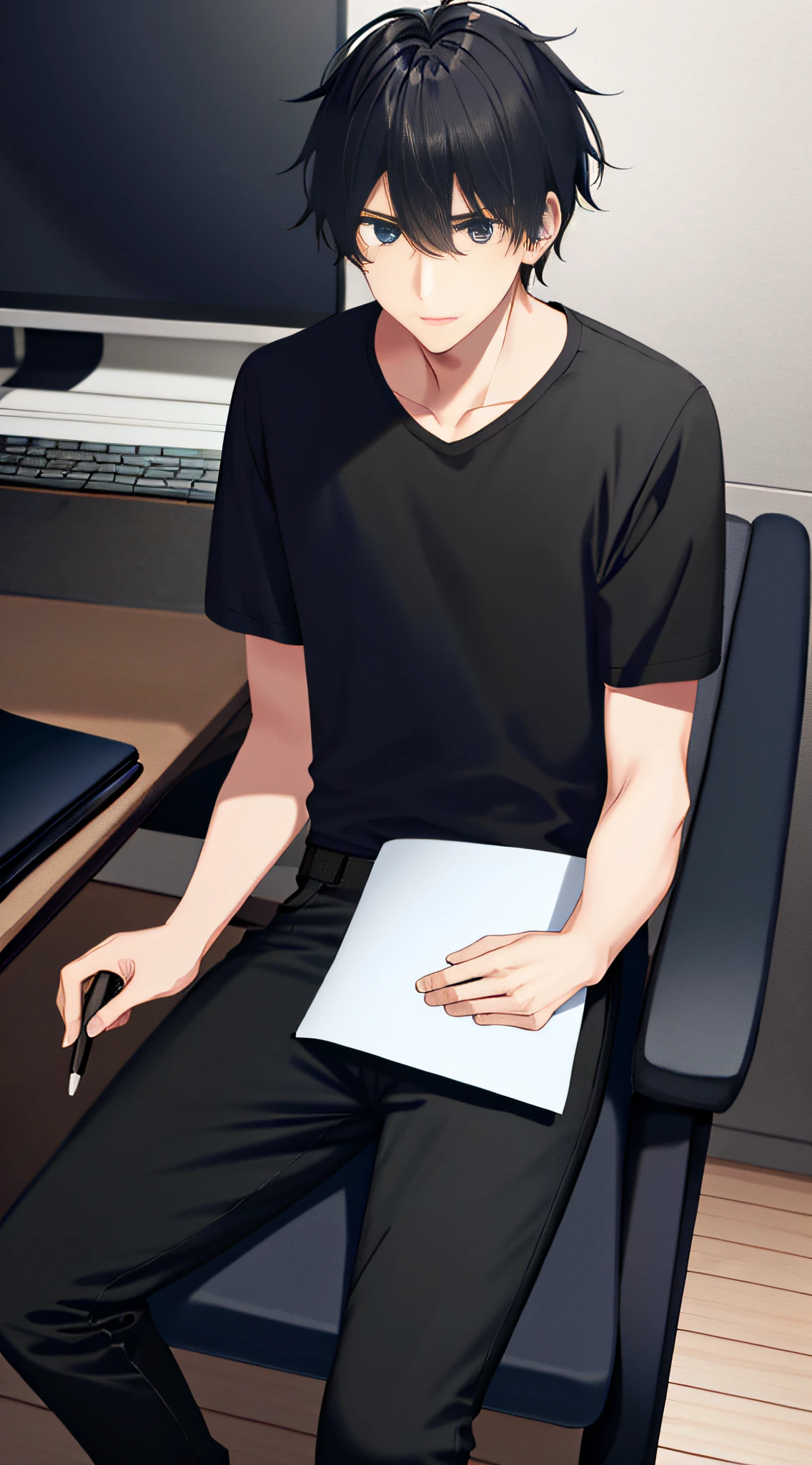 A man dresses(black t-shirts,Long black pants)Sit at your desk and write
