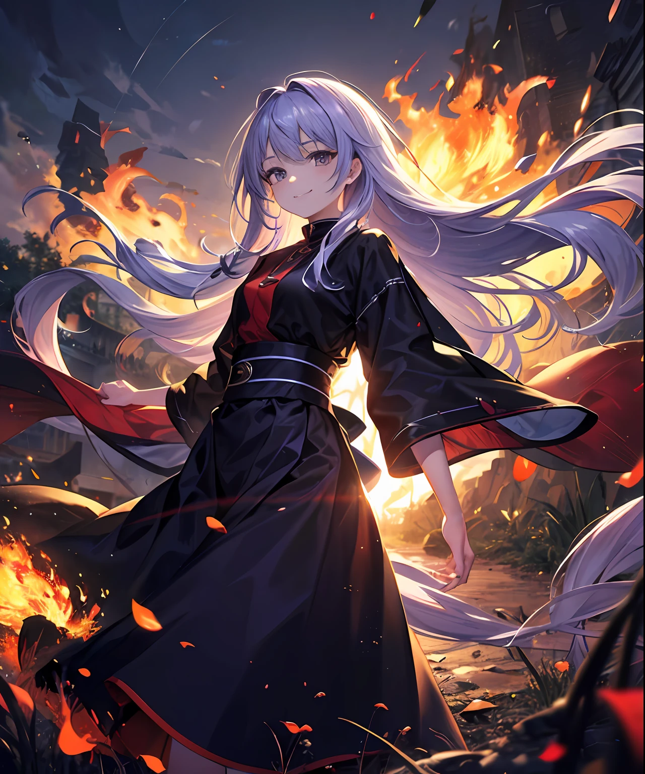 (​masterpiece、top-quality)、frontage、独奏、1girl in、is standing、Hands folded behind your back、amidst nature、A smile、The long-haired、Light purple hair、Hair flutters in the wind、with light glowing、Windy、Adult、Flames flutter