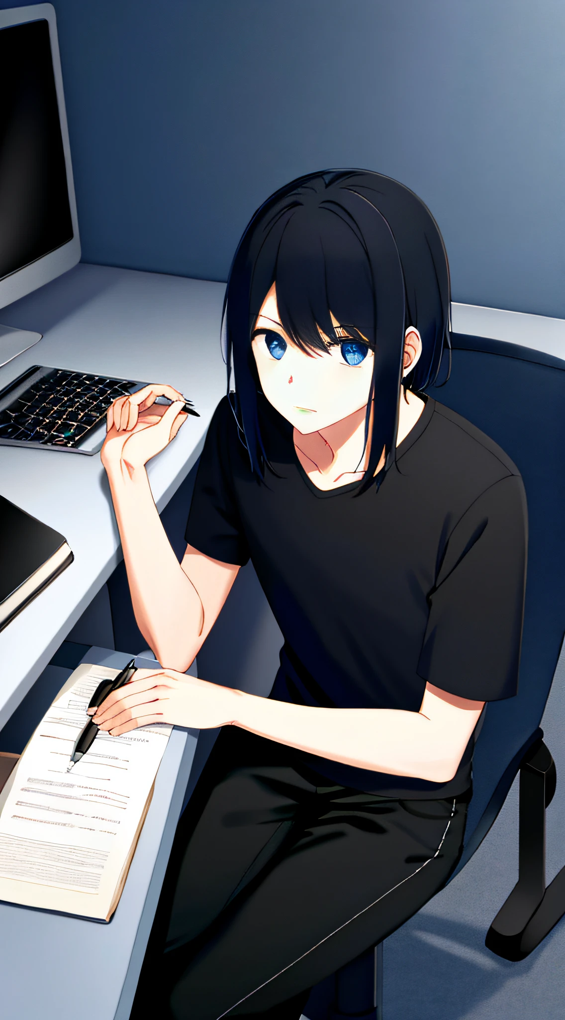 A man dresses（black t-shirts，Long black pants）Sit at your desk and write