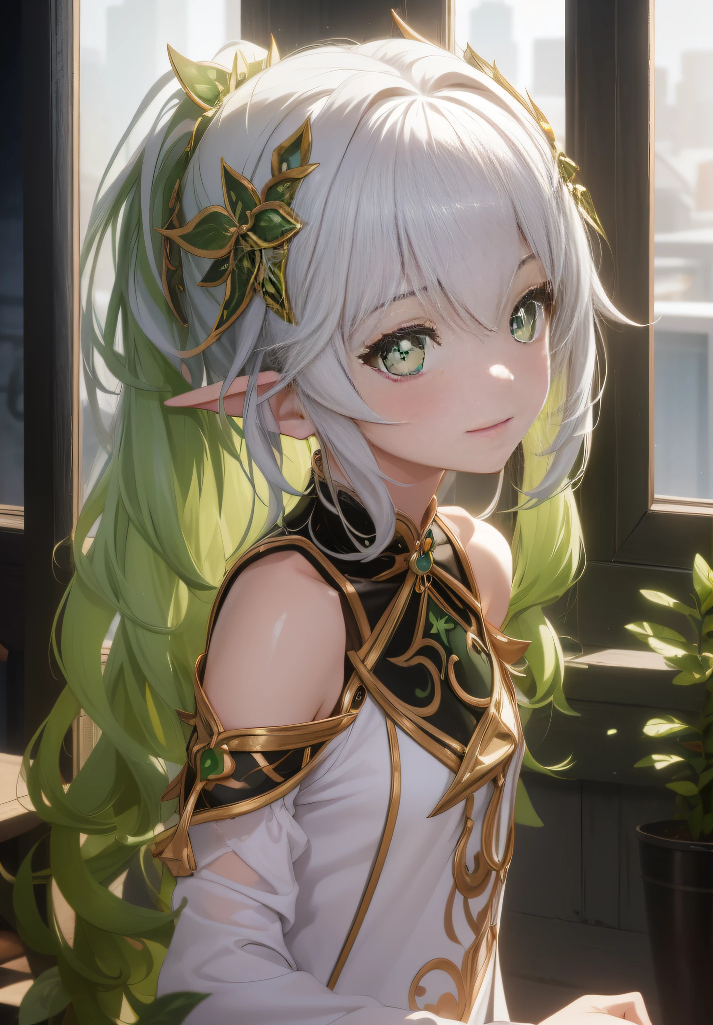 Nahida, Genshin Impact, anime girl with green eyes looking at the camera with a beautiful and attractive smile, colorful lens reflections, elvish ears, stars in her fixed eyes, Light through glass, breath-taking rendering, Extreme close-up, Anime CG art, Cute girl, attractive anime girls, Beautiful anime girl, Kantai collection style, cute cute beautiful anime woman, Detailed digital anime art, Beautiful anime girl, Beautiful anime girl, | fine detail anime, (Anime girl), Best quality, Masterpiece, Ultra-detailed, Beautiful, A high resolution, Original, absurderes,CG 8K ultra realistic, Perfect artwork, (((perfect women figure)), Female, Narrow waist, Clean, Beautiful face, Pure face, skin, Ultra photo realsisim, Ultra detailed, Detailed eyes, busty figure, Dramatic lighting, Dynamic pose, (Realistic) Realistic, (Masterpiece:1.3), (absurderes:1.3), (Best quality:1.3), HD, Full-HD, Bright lights, Best quality, Best quality, Beautiful lighting, Outdoor, (8k wallpaper of extremely detailed CG unit), High details, Sharp focus, dramatic and photorealistic midjourney painting art, Photorealistic, Beautiful smile, incredibly detailed face, com rosto detalhado, hyper realistic face, com rosto detalhado, Perfect nose