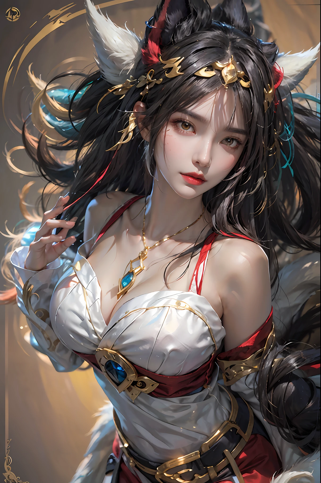 photorealistic, high resolution, 1women, solo, hips up, look at viewer, (detailed face), ahri /league of legends, Ahri_Cosplay
White Tails, long hair, yellow eyes, jewelry