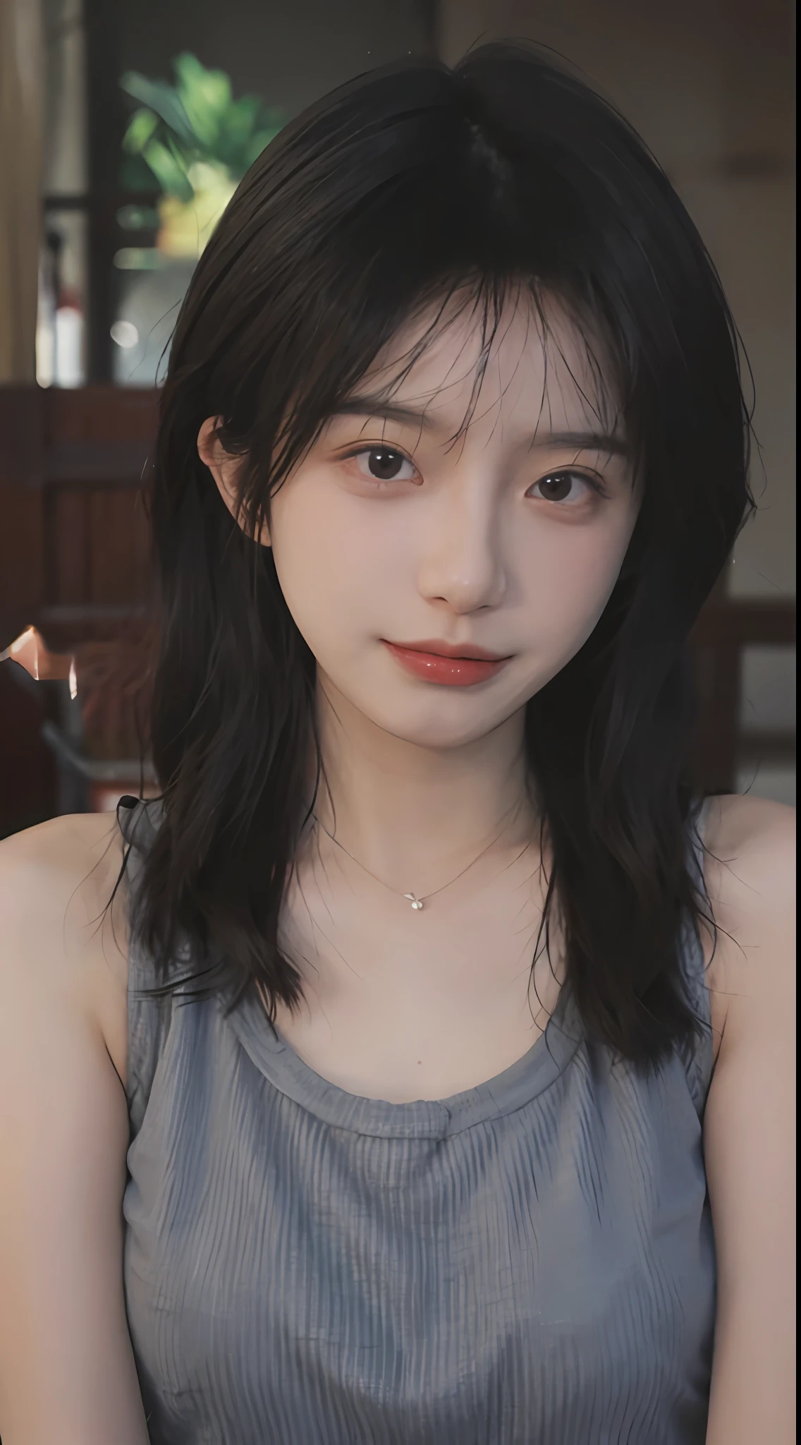 best qualtiy, 超高分辨率, (realisticlying:1.4),((Medium hair))),absurderes:1.2, The background is blurred out, bokeh:1.2, photography of, (RAW photogr:1.2), (realisticlying:1.4), (tmasterpiece:1.3), (complexdetails:1.2), 1girll, 独奏, japanaese girl, delicated, beautifuldetails, (Detailed eyes), (detailedfacialfeatures), petite, (((little breast))), skin tight, (looking_at_viewer), from_front, (being thin), (best qualtiy:1.4), (超高分辨率:1.2), cinematric light, (Extreme detail illustration), (Gloss on lips, best qualityer, 超高分辨率, depth of fields, Caustics, Wide lighting, naturalshadow, 85mm, f/1.4, ISO 200, 1/160s:0.75),1girll, 独奏, (((blue tanktop)))ssmile, 校服, choker necklace,