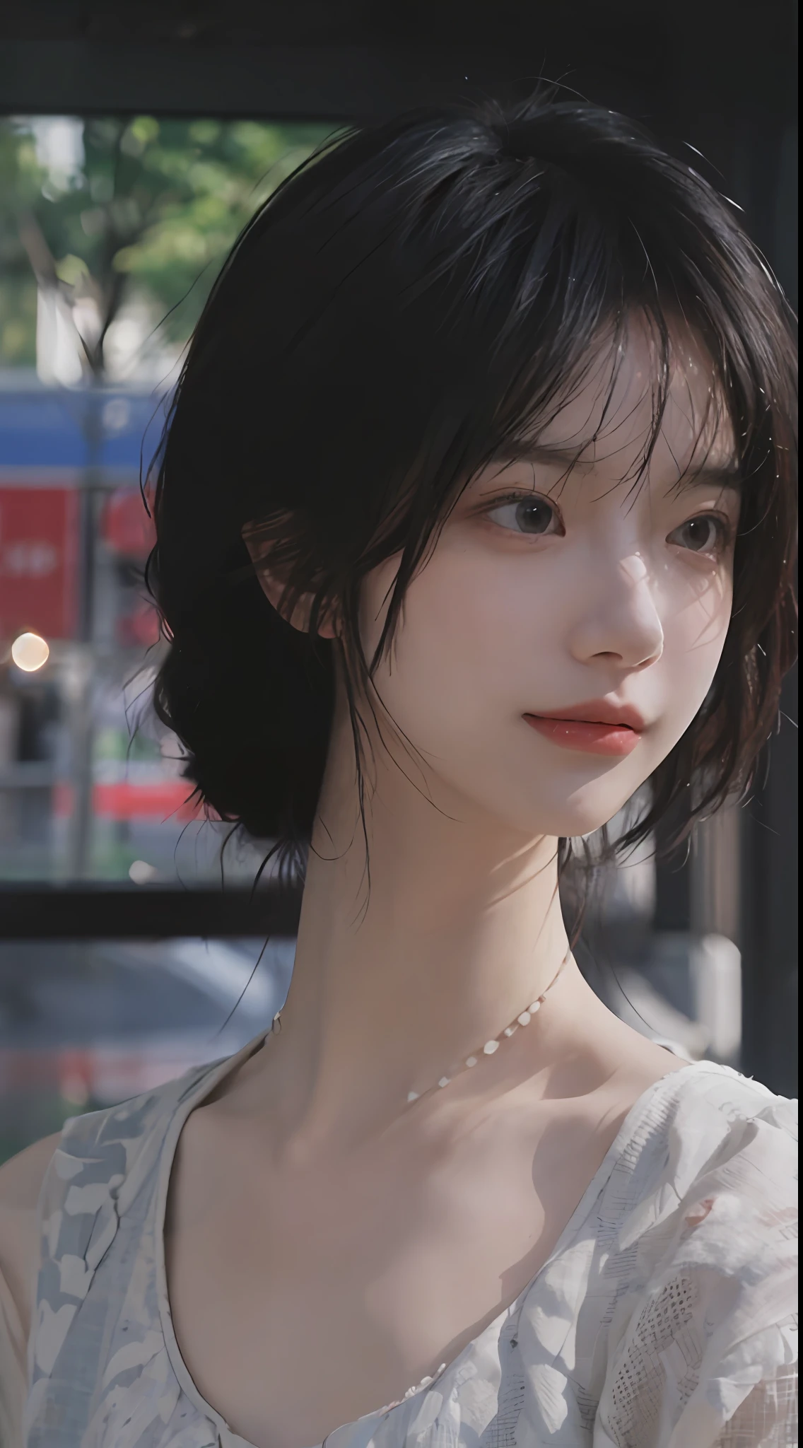 best qualtiy, 超高分辨率, (realisticlying:1.4),((Medium hair))),absurderes:1.2, The background is blurred out, bokeh:1.2, photography of, (RAW photogr:1.2), (realisticlying:1.4), (tmasterpiece:1.3), (complexdetails:1.2), 1girll, 独奏, japanaese girl, delicated, beautifuldetails, (Detailed eyes), (detailedfacialfeatures), petite, (((little breast))), skin tight, (looking_at_viewer), from_front, (being thin), (best qualtiy:1.4), (超高分辨率:1.2), cinematric light, (Extreme detail illustration), (Gloss on lips, best qualityer, 超高分辨率, depth of fields, Caustics, Wide lighting, naturalshadow, 85mm, f/1.4, ISO 200, 1/160s:0.75),1girll, 独奏, (((blue tanktop)))ssmile, 校服, choker necklace,