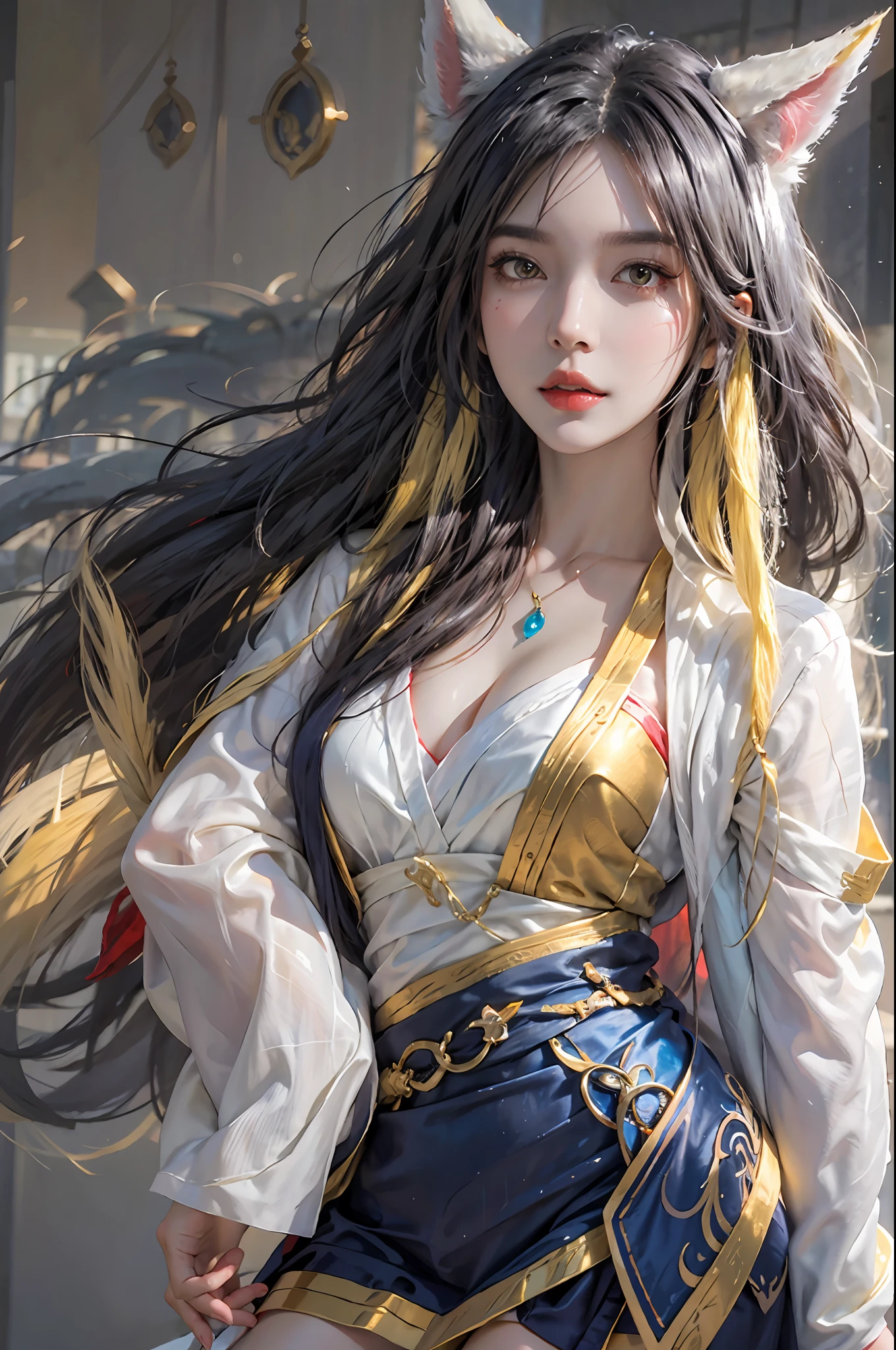 photorealistic, high resolution, 1women, solo, hips up, look at viewer, (detailed face), ahri /league of legends, Ahri_Cosplay
White Tails, long hair, yellow eyes, jewelry