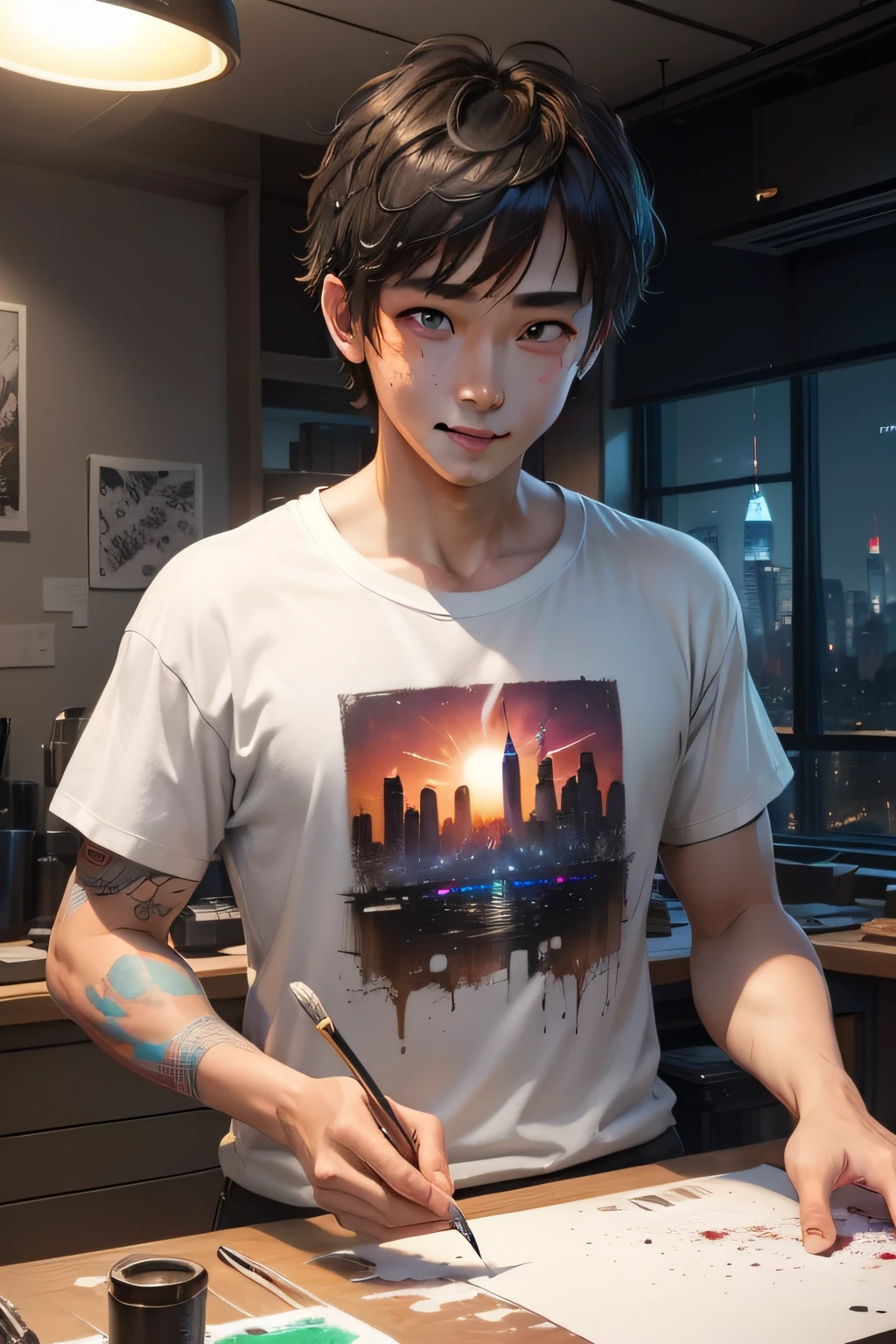 Nomad 30s、A smile、The ticker works behind the scenes、New York cityscape in the background、neons、Clean design、Magnificent Instagram、art stations、Colorful paint splatter、silhuette、Ultra-detailed intricate details、unrealengine、intricate detailes、Splash Screen、Complementary color scheme、Fantasy concept art、8K分辨率、Deviant masterpieces、an oil painting、Light stroke、Paint dripping、(isolated on white:1.3)、Rainbow skin、(((Handsome young man)))、((10 generations:1.5)、(glowing brown eyes)、 ((Bright eye)), (((short dark hair:1.1))), ((tshirts)), (nffsw\\(colourfull\\),(white t-shirts、Wear G-pan))), A dark-haired