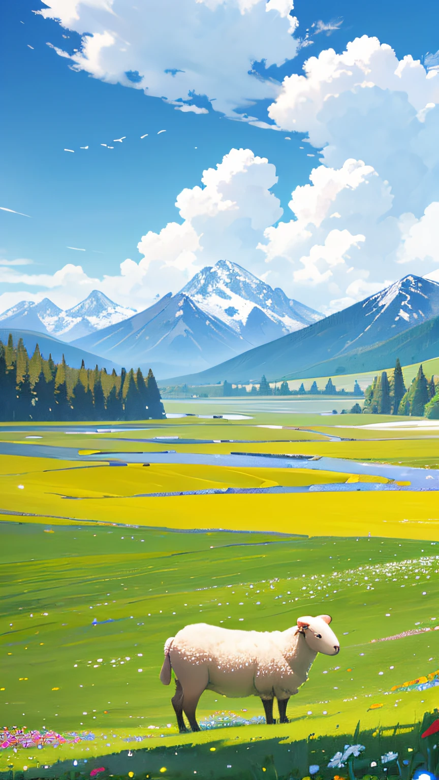 Summer, meadows, a few small flowers, clear lakes, sheep, heaven, large clouds, blue sky, hot weather, HD detail, hyper-detail, cinematic, surrealism, soft light, deep field focus bokeh, distant vistas are snowy mountains, ray tracing, and surrealism. --v6