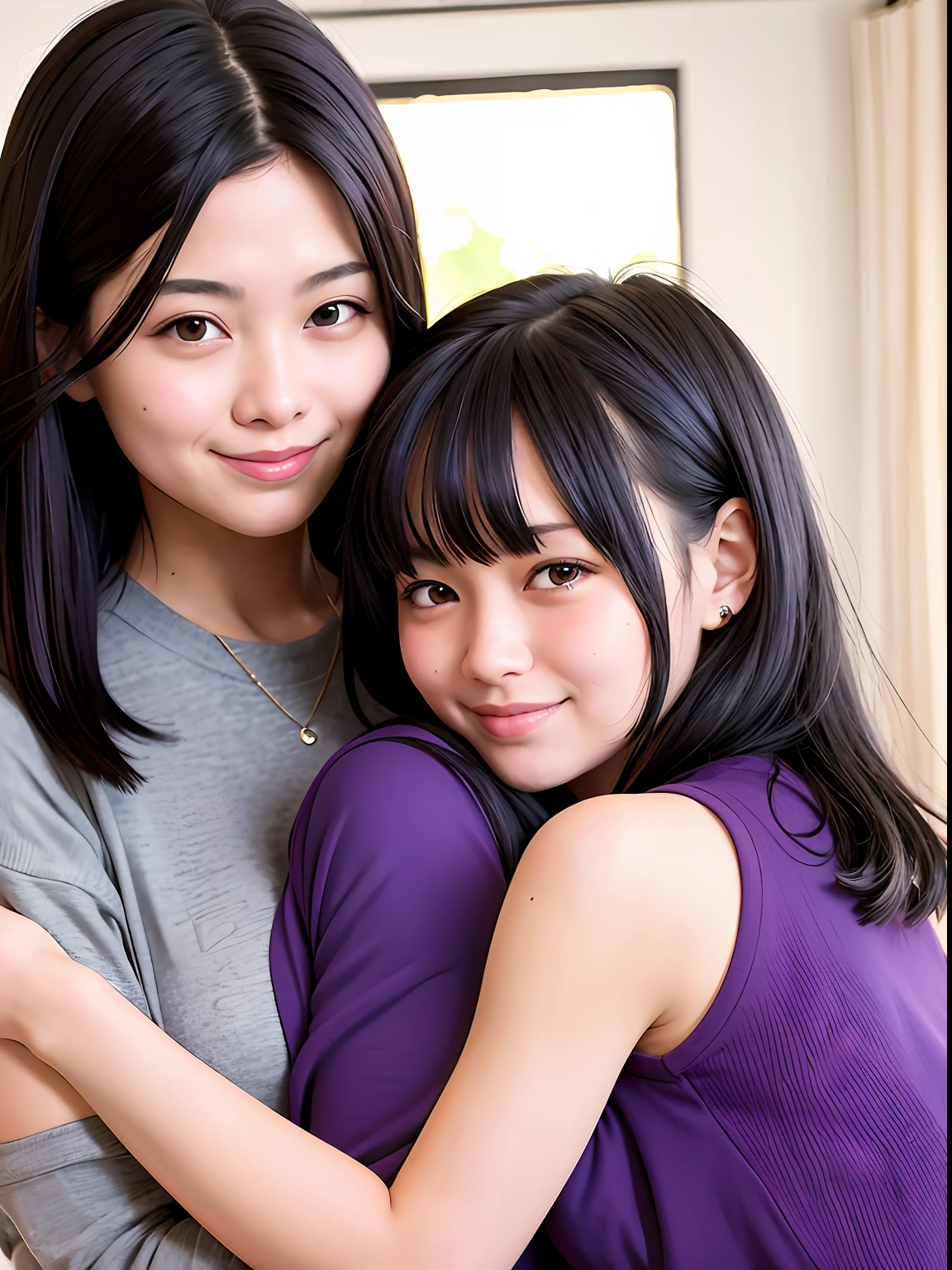 A black-haired girl holds a girl with dark purple hair and purple eyes,Smiling two-dimensional painting style Both girls are adults