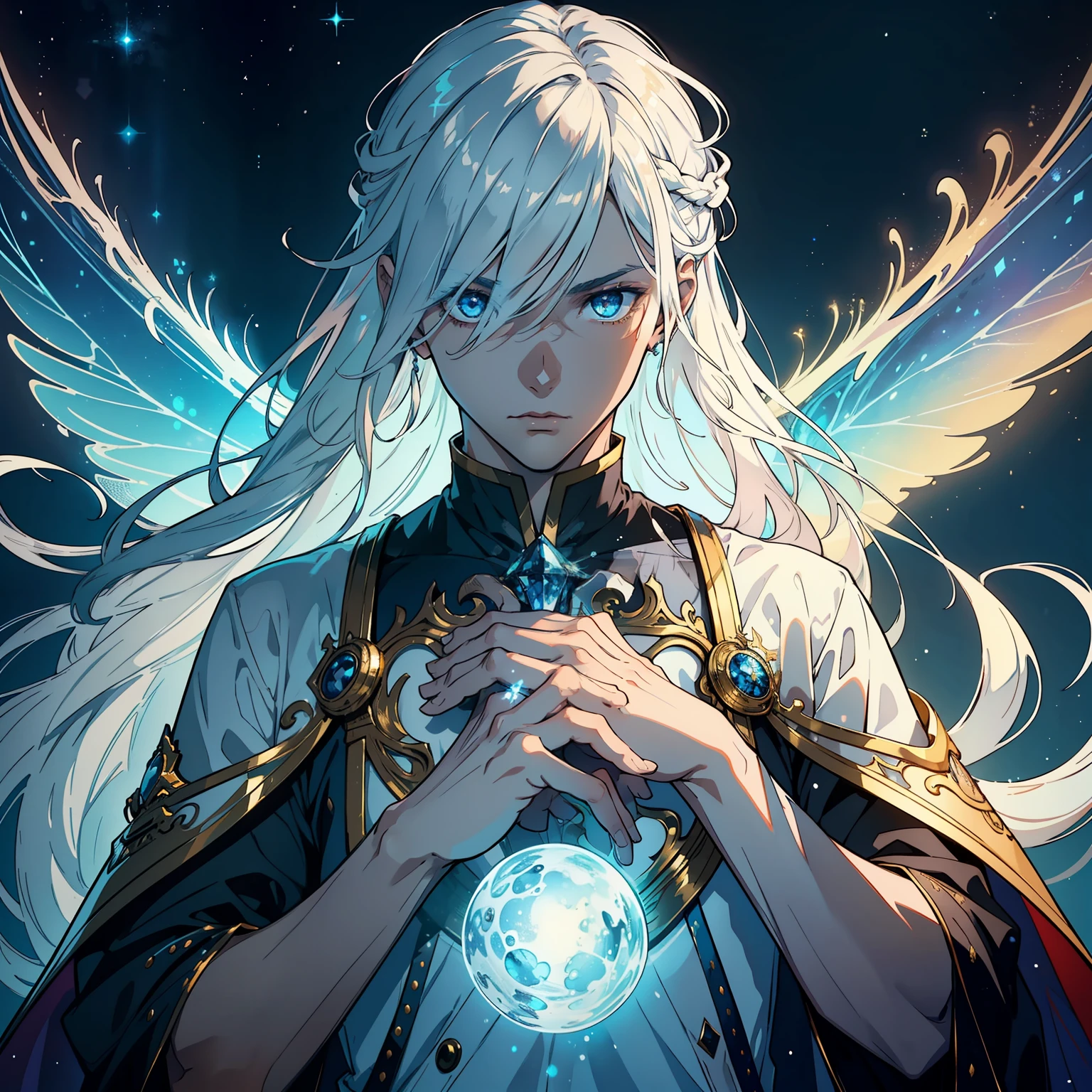1pc(The male:1.3),Handsome,Close-up,Upper body photo,magestic,Occult magic,light white hair,long whitr hair,white clothes,amarelo,white colors,red colour,black in color,flowy,Immortal costume,adornado y fluido,Celestial,Immortals,blue colored eyes,The face is grim,Clear eyes,(had his hands folded:1.3),fantasy,The background is complex and gorgeous,Rich in color,Fairy air fluttering,Bust photo,Close-up shot