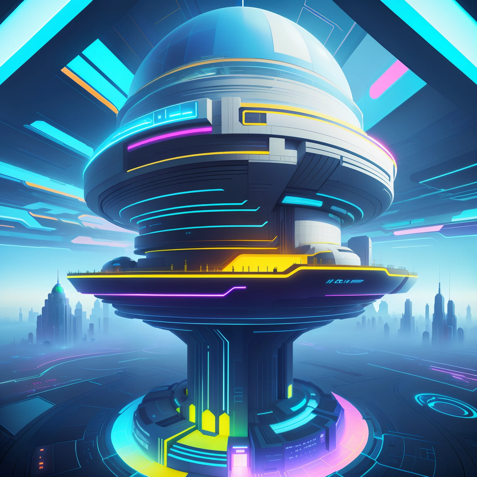 Futuristic building with a dome and stairs in the middle, Isometric illustration, in style of beeple, colorful flat surreal, Neon City Domes, Beeple Hybrid Mix Style, colorful flat surreal design, colorful flat surreal design, Colorful concept art, Beeple Masterpiece, inspired by Beeple, Colorful dystopian futurism