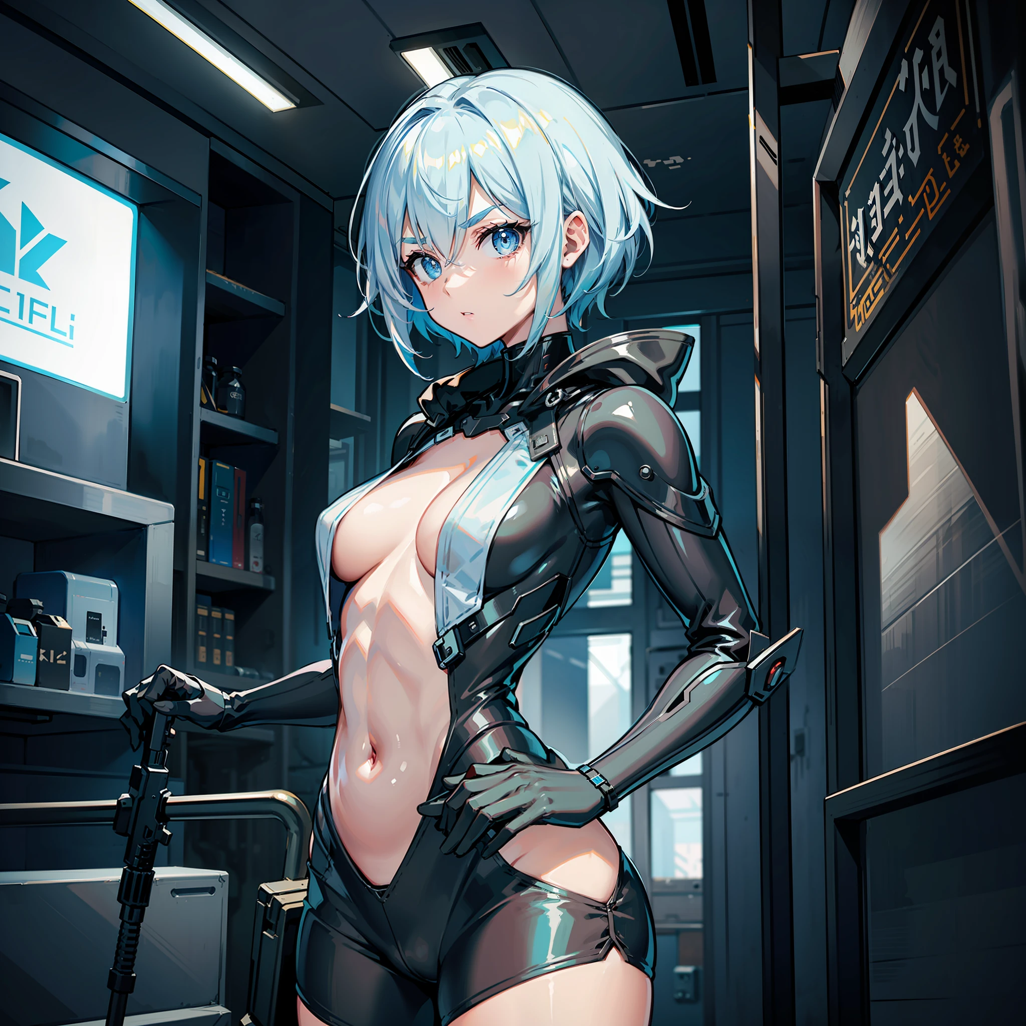 RPG、mechanic、Amazingly Beautiful 1 Woman、light blue short hair、Sharp Eyebrows、Big eyes、heavy make-up、Slender body、Skins are written、Oversized hoodies、tiny chest、Short pants、assault rifle、（highestdetailed:1.25）、（独奏:1.3）、Hybrid Mecha Cyber Bodysuit、battlefiled、A ruined futuristic city、Lobo