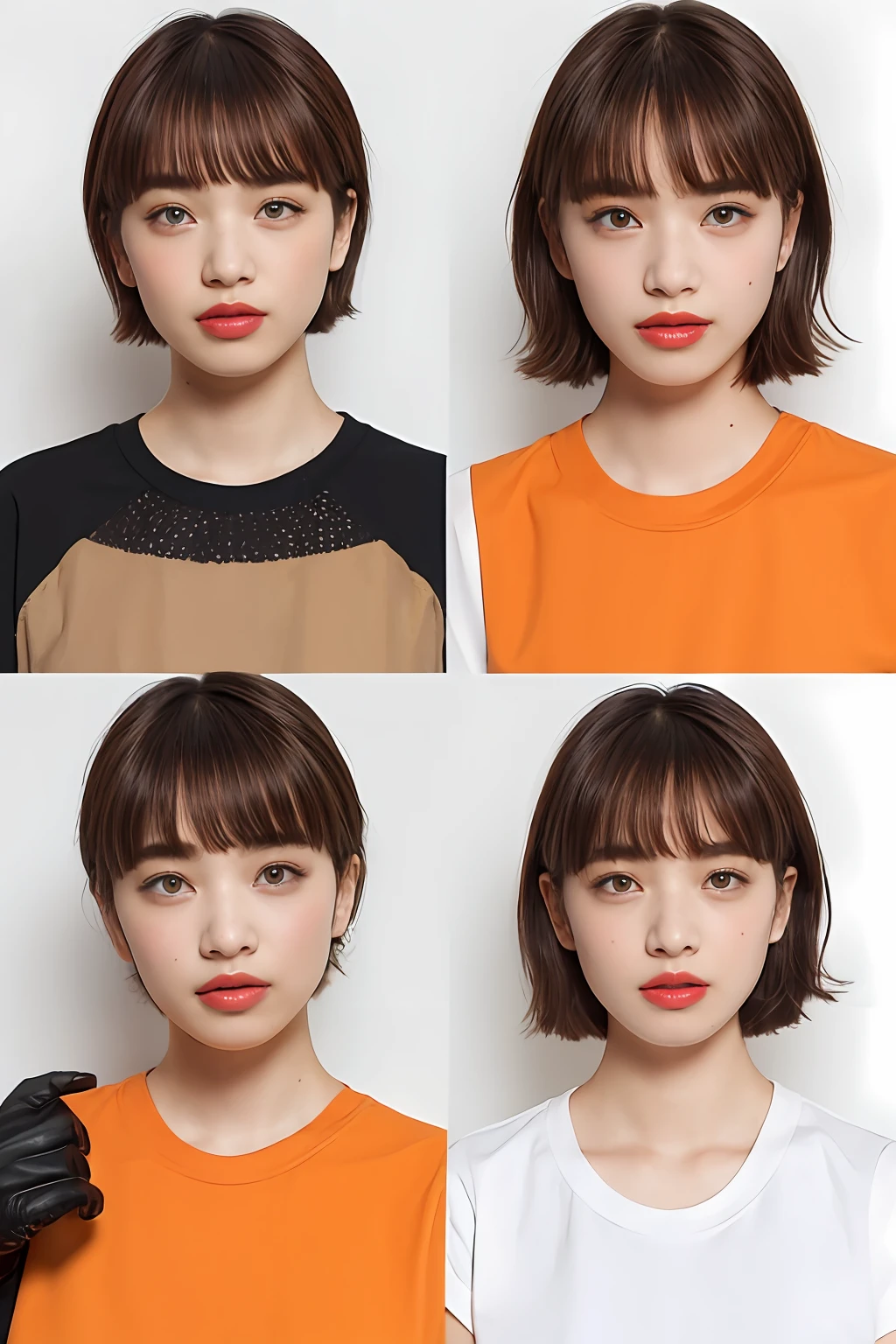 Boyish Makeup, (Street Fashion, T-shirt), (Mush Short Hair, Orangey Brown Hair Color: 1.1), White Background