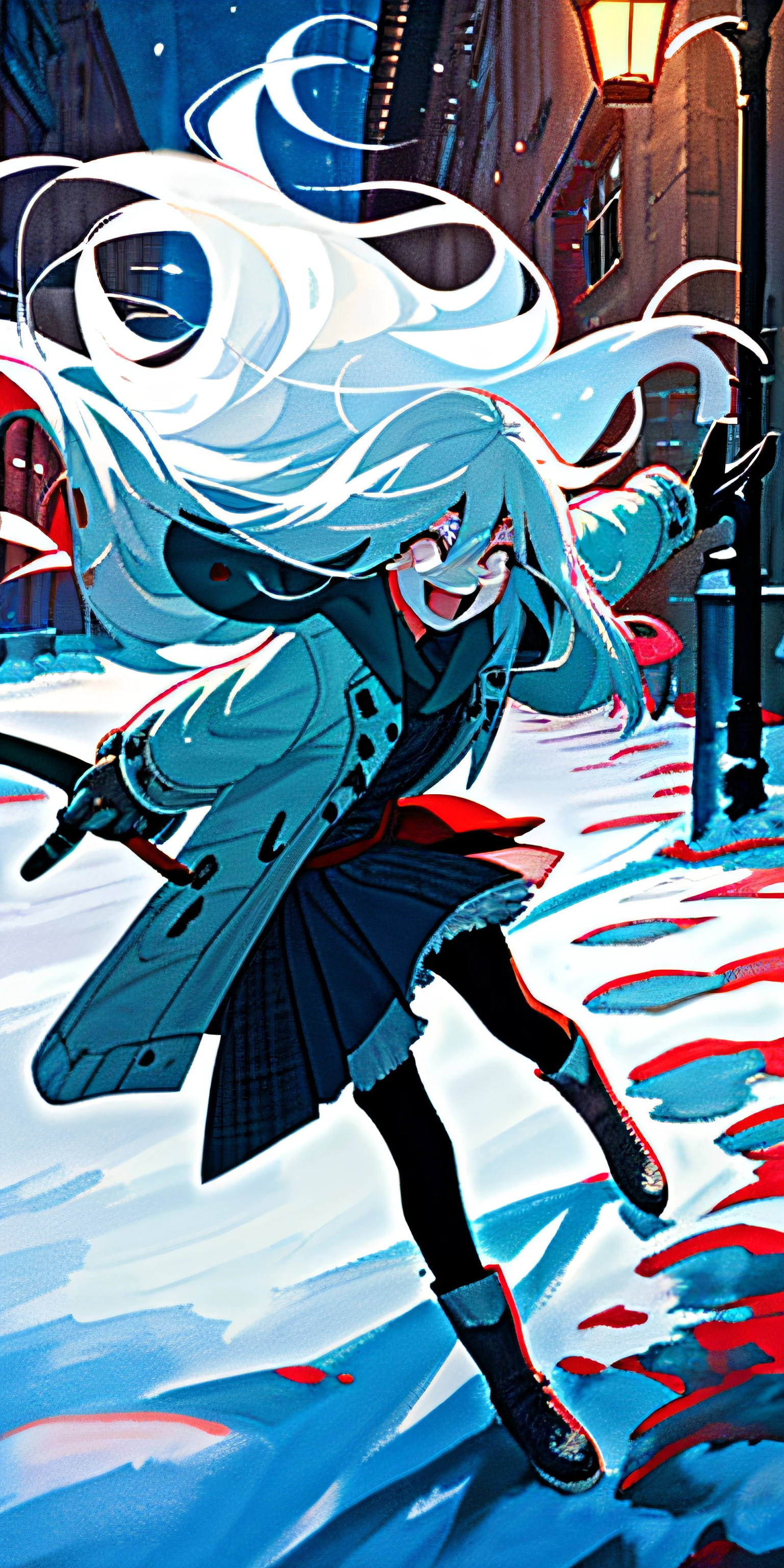 long whitr hair,squinty eyes,big laughter,knifes,s,snowy night,Street side