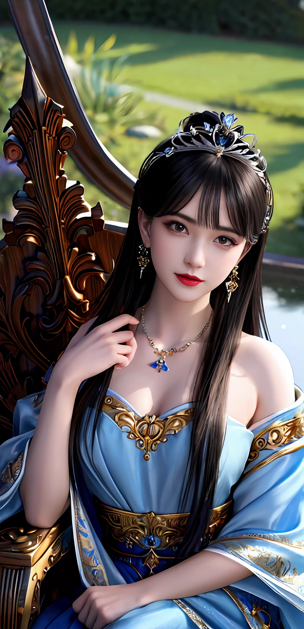 (realisticity: 1.2), best quality, 8K UHD, masterpiece, highres,cg,
1 super detailed girl, super detailed queen
, sitting on a super detailed royal throne, lud, xurious royal palace background, beautiful and detailed, super detailed long hair, wearing a beautiful and luxurious crown with diamonds and super detailed,
super detailed dress,
solo, jewelry, super detailed red and blue dress, pretty face, beautiful, and super detailed,
, earrings, super detailed hairdo, splashing, the upper body is very super detailed, super detailed hair bun, super detailed black hair,
lighting,candid,Photograph,high resolution,4k,8k,Bokeh,