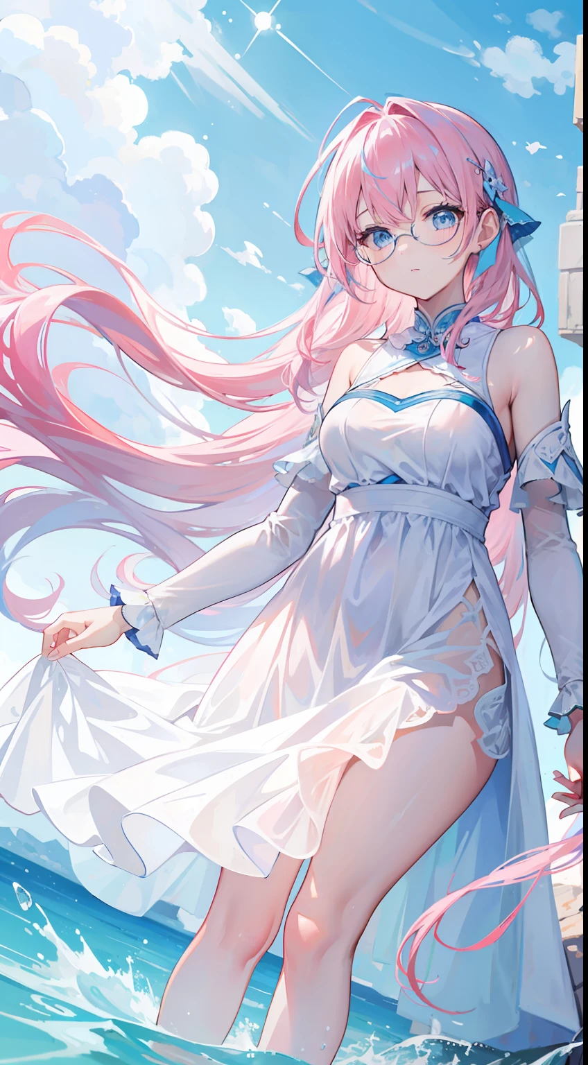 masterpiece，best quality,detailed water,dynamic angle,floating,spot colors,white long dress,glasses,blue eyes,long loose pink hair