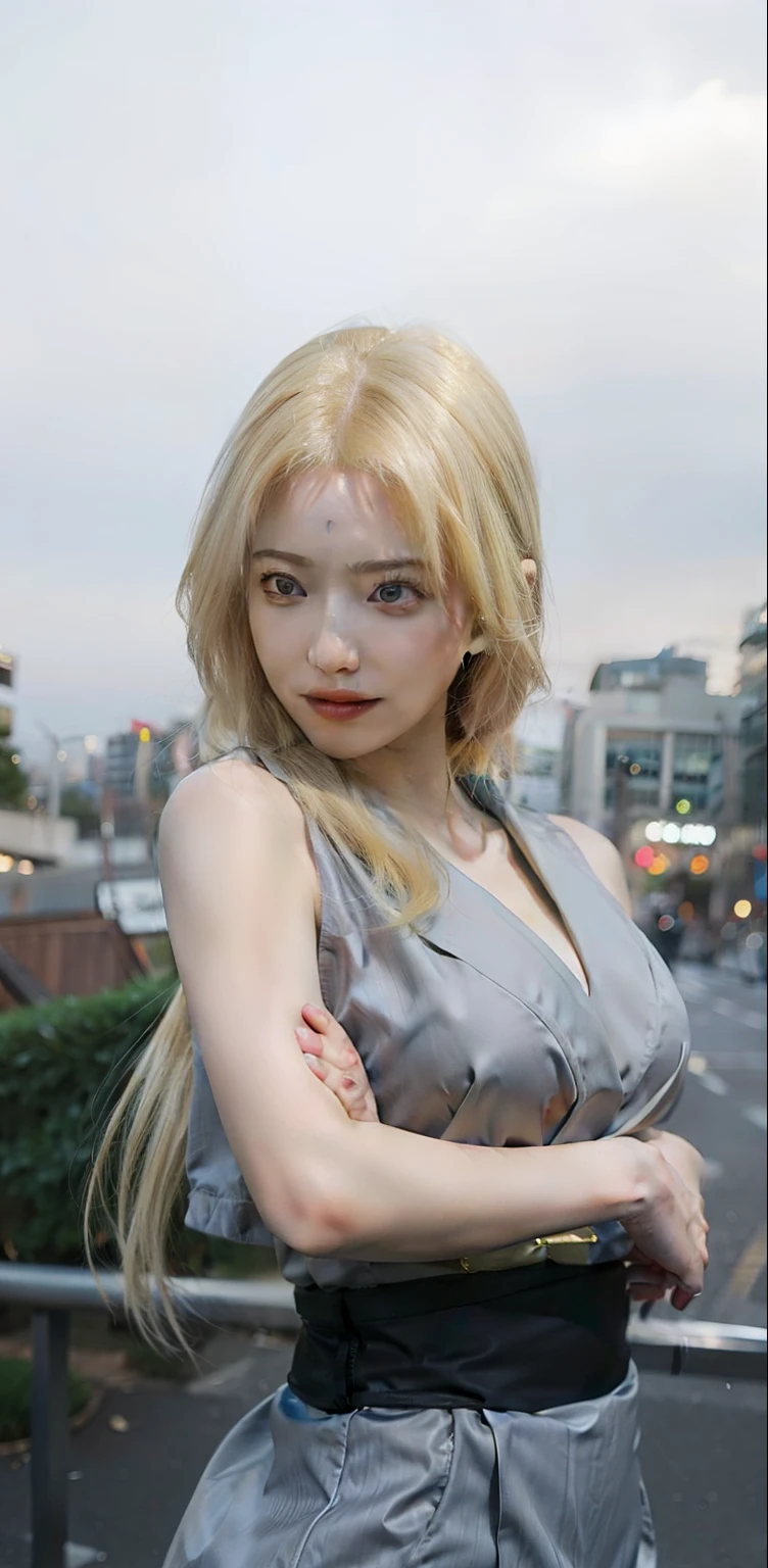 1girl, tsunade, yellow hair, long hair, yellow eyes, very big breasts, grey clothes, realistic, ultra detail, outdoor background