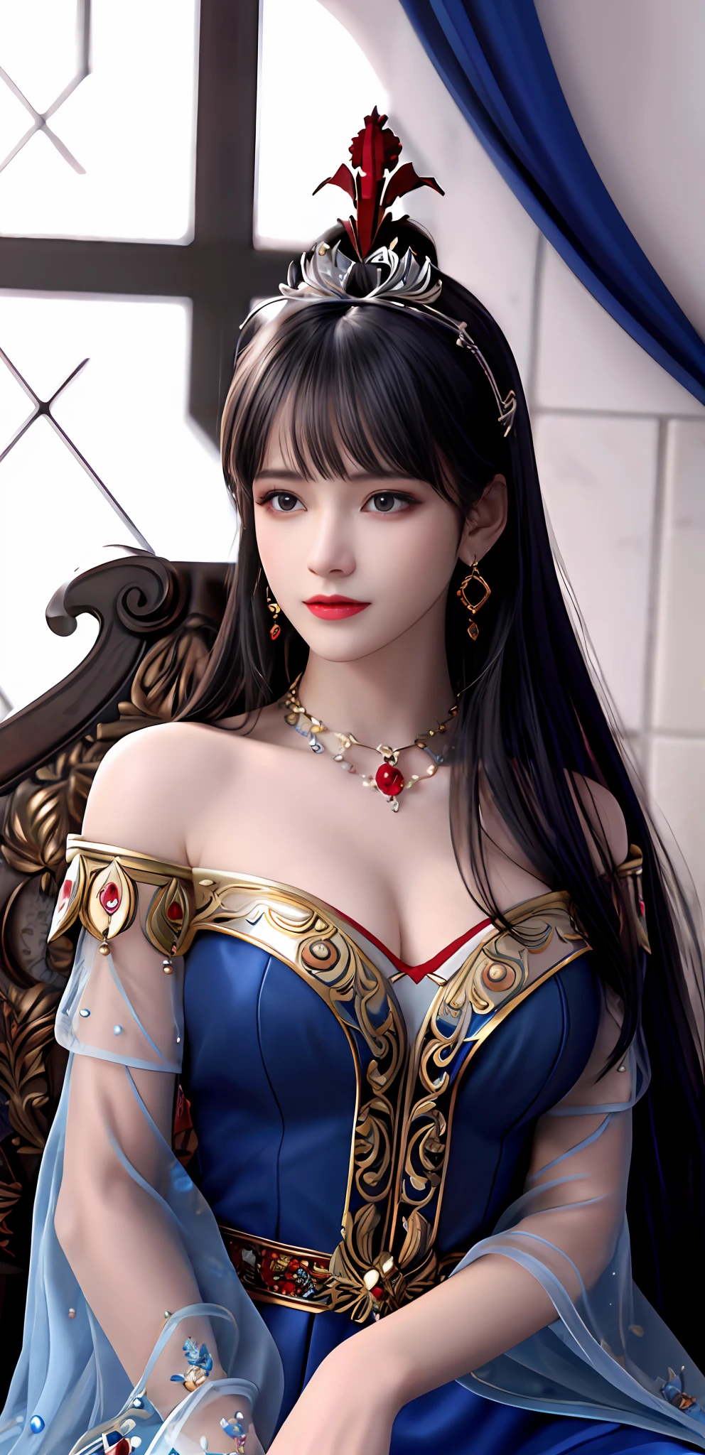 (realisticity: 1.2), best quality, 8K UHD, masterpiece, highres,cg,
1 super detailed girl, super detailed queen
, sitting on a super detailed royal throne, lud, xurious royal palace background, beautiful and detailed, super detailed long hair, wearing a beautiful and luxurious crown with diamonds and super detailed,
super detailed dress,
solo, jewelry, super detailed red and blue dress, pretty face, beautiful, and super detailed,
, earrings, super detailed hairdo, splashing, the upper body is very super detailed, super detailed hair bun, super detailed black hair,
lighting,candid,Photograph,high resolution,4k,8k,Bokeh,