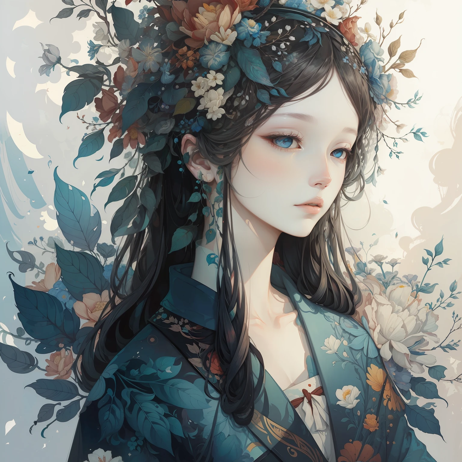 James Jane(James Jean)A painting,Flowers and leaves are worn on the head