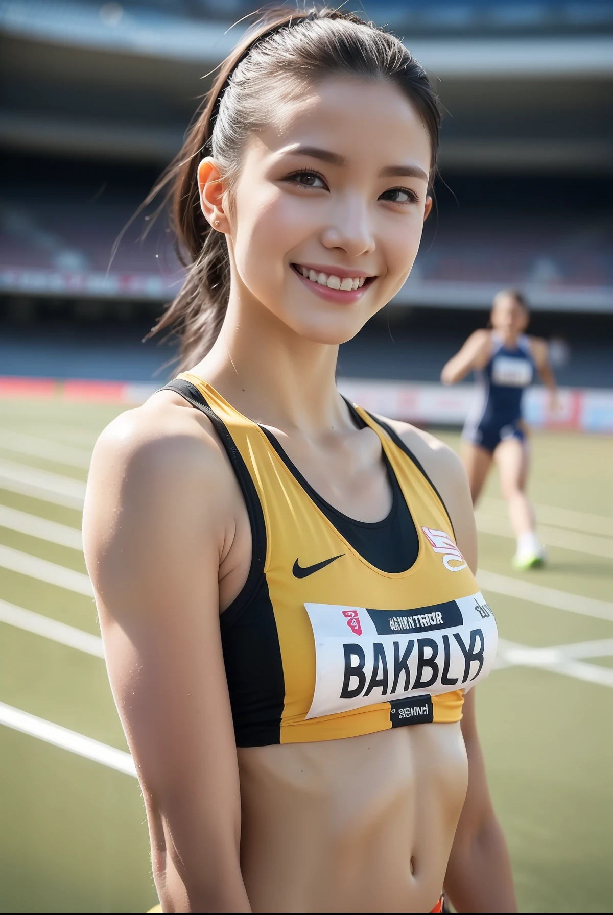 (((full bodyesbian)))、japanese beauty girl、(((track and field uniform)))、((Glossy shoulder-length black hair))、Posing、hairarmpits、Wet body、Sweaty body、Perfect style、beauty legs、kawaii、((Track & Field Athletes Women))、(((1人)))、((stadium))、Transcendent cute、A slight smil、Beautiful breasts、full bodyesbian、athletic field、((Outstanding style))、((Healthy body))、 Photorealsitic、Beautiful detailed eyes、Hyper-Realism、highcontrast、Ultra HD、realistic skin textures、Top image quality、top-quality、超A high resolution、Fine details、Very meticulously