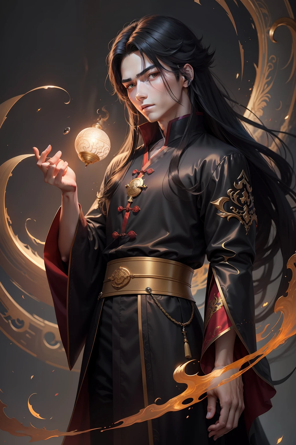 Mature boy，18yr old，Fairy-like，China-style，Taoist style，wears a long robe，Black color hair，Cultivation of the Immortal World，Mana is powerful