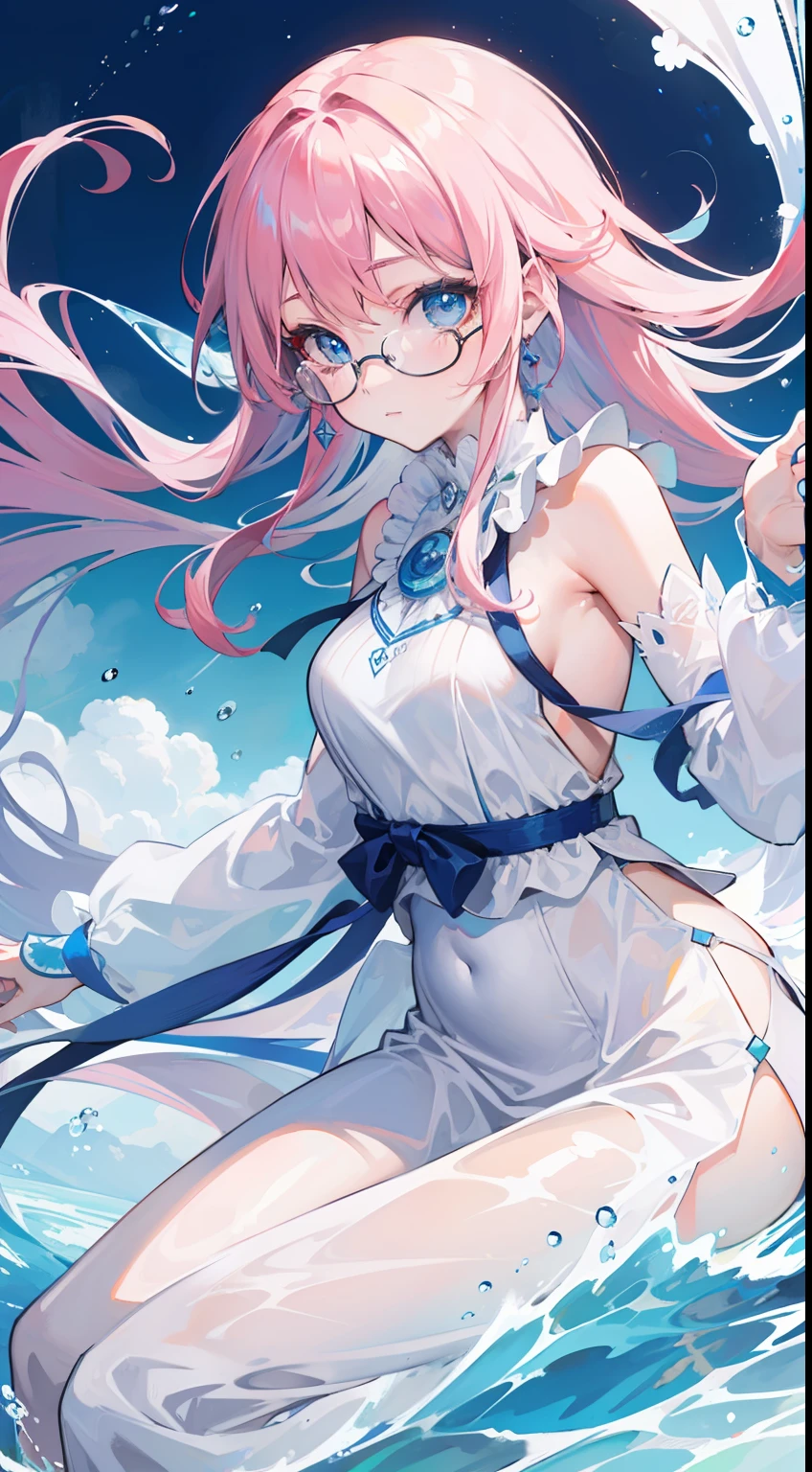 masterpiece,best quality,detailed water,dynamic angle,floating,spot colors,white long dress,glasses,blue eyes,long loose pink hair
