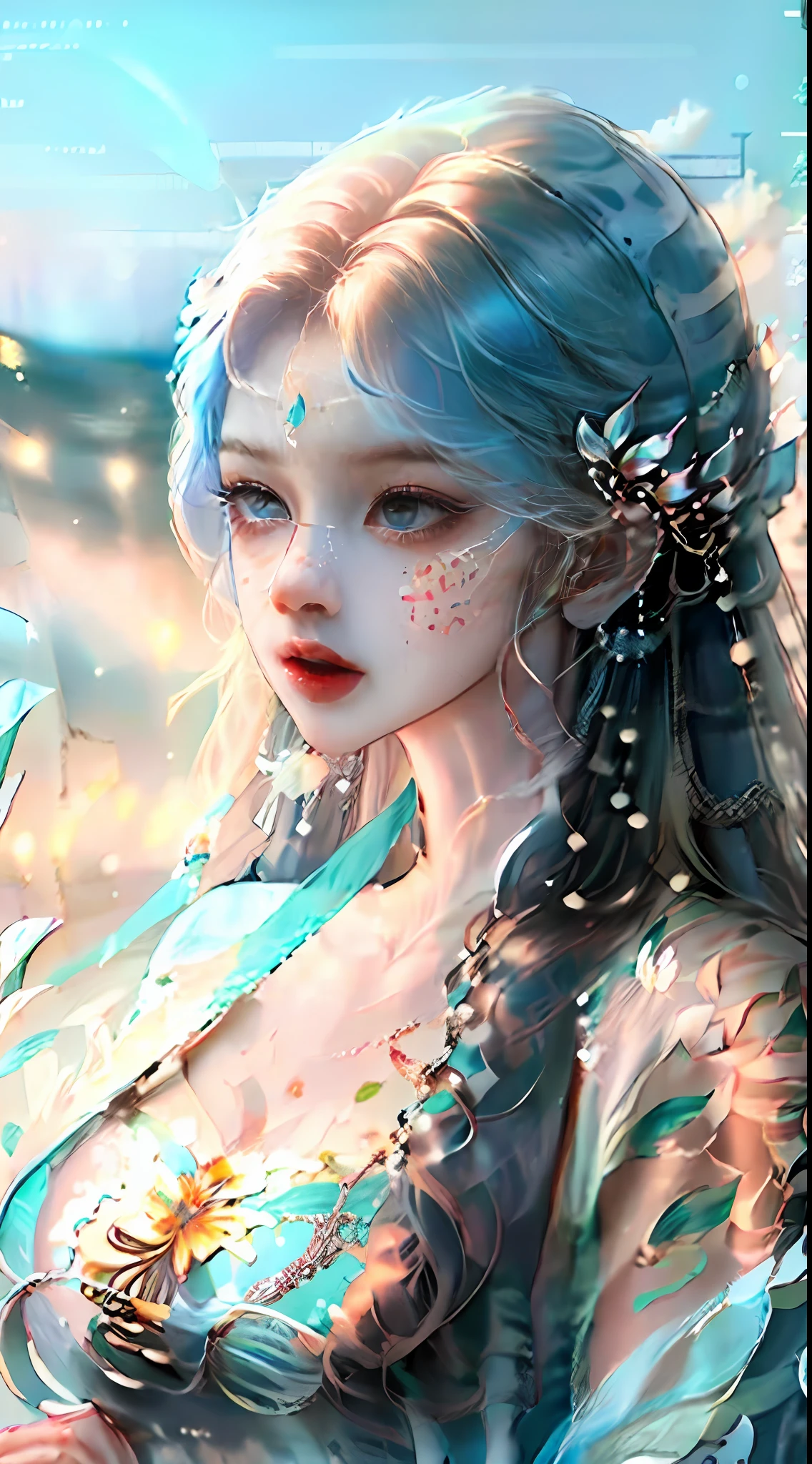 flower sea:flower sea,gentleness,Quiet,big breasts beautiful,Beautiful,ren,a beauty girl,Two-dimensional landlady,Two-dimensional girl,detailedlight,brunette color hair,Delicate and pure,Skin is fair, shiny and of the highest quality,tmasterpiece,A masterpiece,extreme hight detail,Delicate portrayal of facial features,Delicate hair portrayal,Delicate eye portrayal,long whitr hair,Jewel-like eyes,Pedras preciosas,solo person,Peerless beauty,4k画质,Gorgeous Light and Shadows,largeeyes,Green eyes --auto