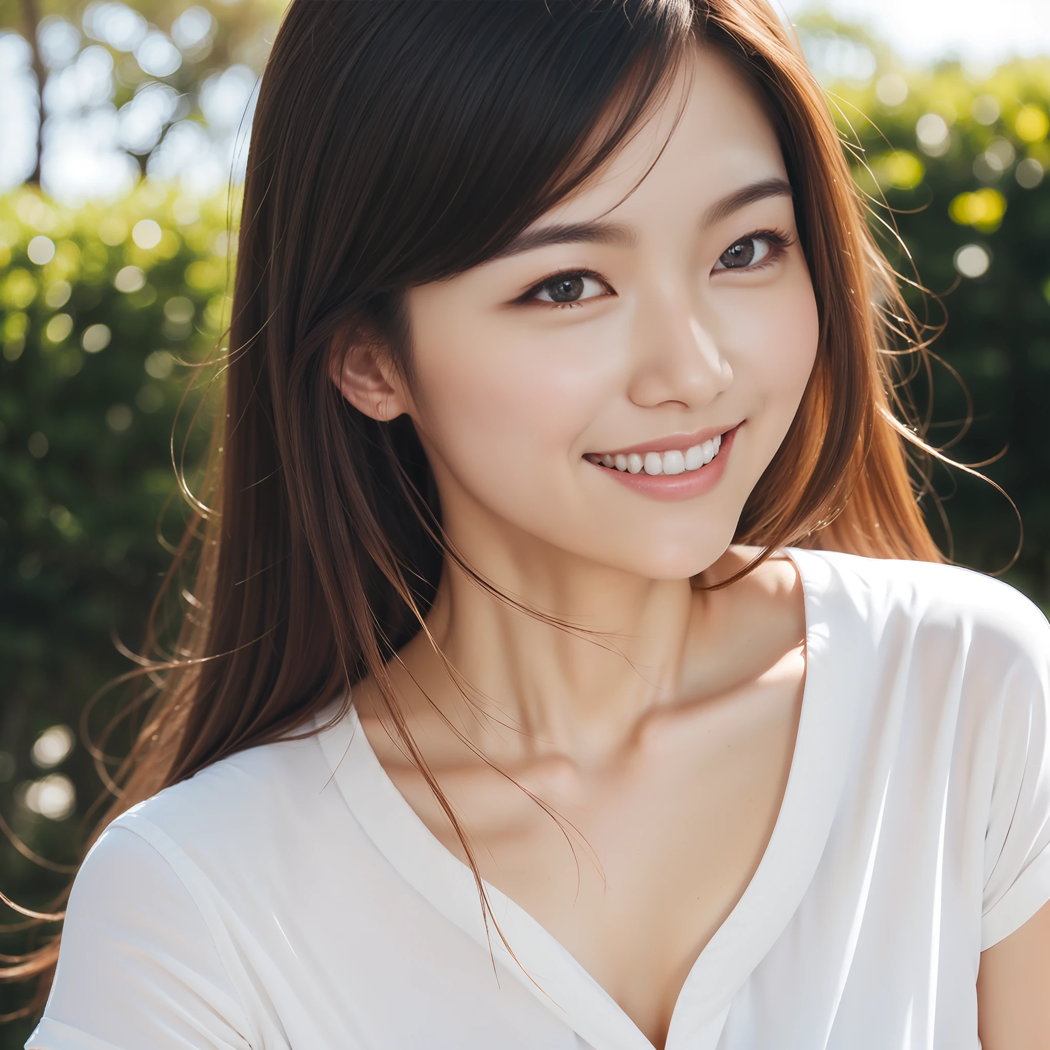 Middle breast exposed, very detailed eyes, very detailed face, best quality, masterpiece, very detailed, ultra-detailed, (realistic, photorealistic: 1.3), smile, (facing forward), looking at the audience, white shirt, sunny, outdoors, 1girl upper body