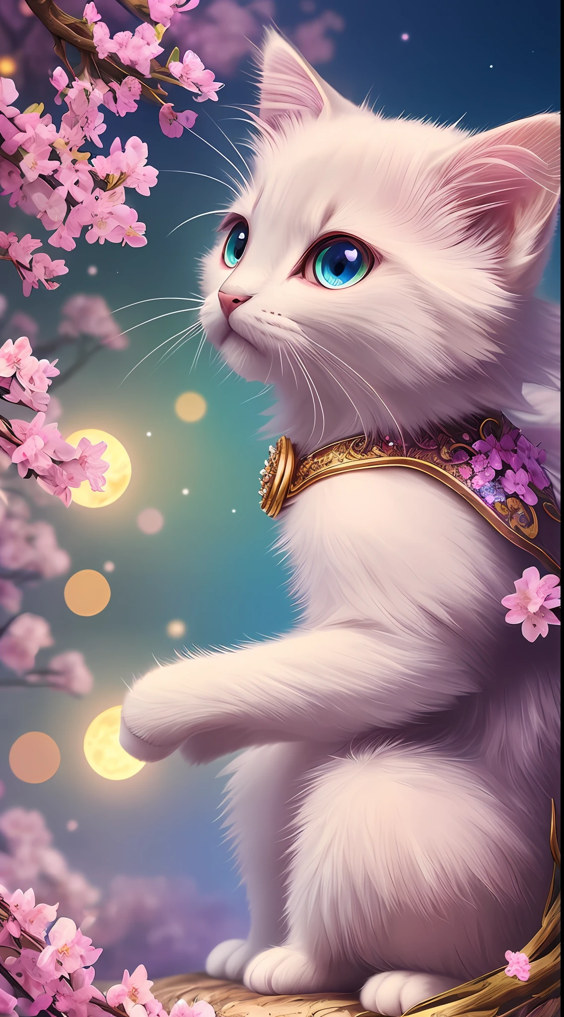 side view, oversaturate, colorfully, Fairytale, dreamlike, Cinematic character render, oil painting, 3D, 8k resolution, sequins, glitter, sakura forest, moonlight, Close up Portrait adorable chibi kawaii anthropomorphic kitten king, Detailed eyes, large round reflective eyes,