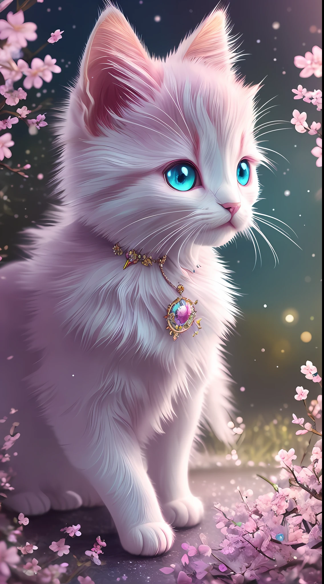 side view, oversaturate, colorfully, Fairytale, dreamlike, Cinematic character render, oil painting, 3D, 8k resolution, sequins, glitter, sakura forest, moonlight, Close up Portrait adorable chibi kawaii anthropomorphic kitten king, Detailed eyes, large round reflective eyes,