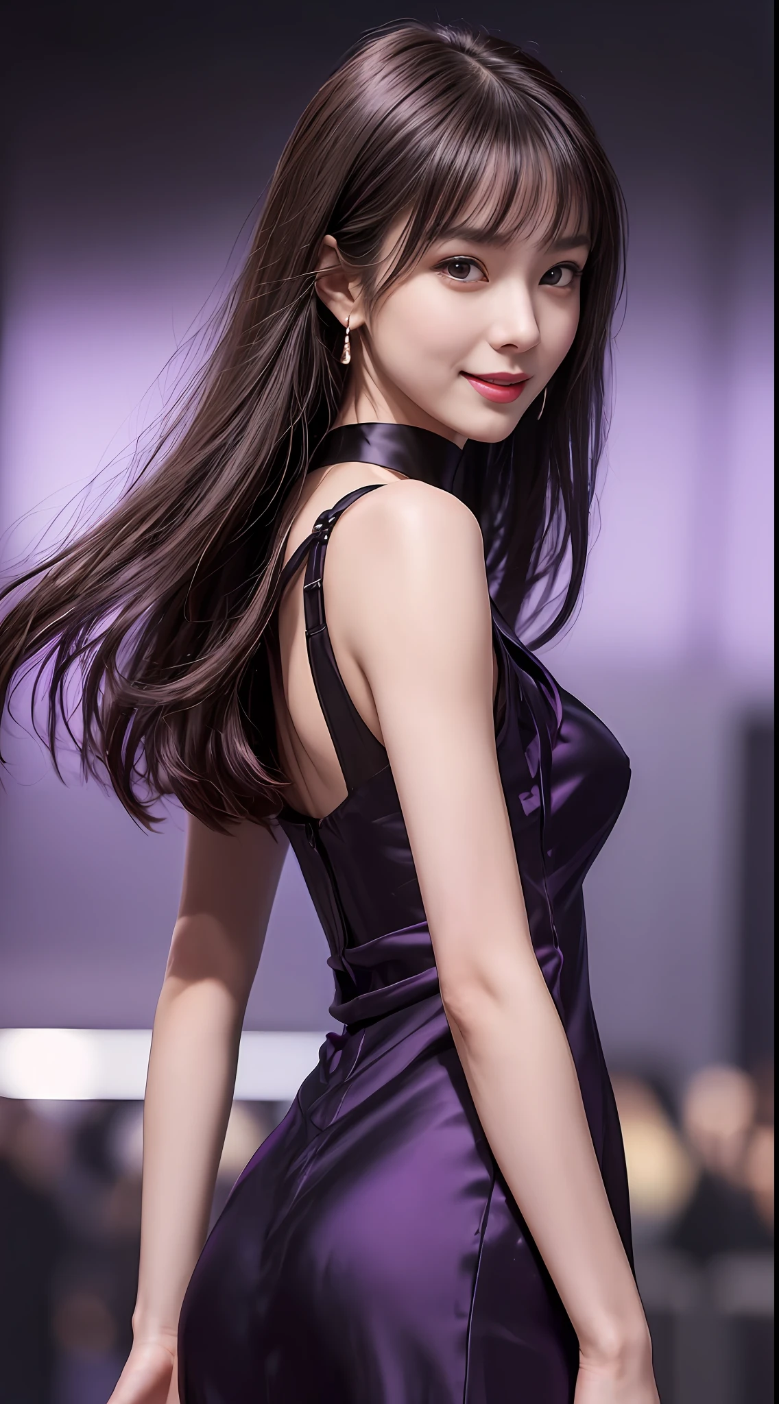 8k, masterpiece, RAW photo, best quality, photorealistic, extremely detailed CG unity 8k wallpaper, Depth of field, Cinematic Light, Lens Flare, Ray tracing, (extremely beautiful face, beautiful lips, beautiful eyes), intricate detail face, ((ultra detailed skin)) 1girl, in the dark, deep shadow, pretty korean girl, kpop idol, 1 girl, (very slim slender fit-muscled body:1.3), ((looking at viewer)),(big smile:1.3), (tight midi dress), (sleeveless) , (fashion city night, dark night, (neon sign), (blurred background), (midnight),(without people in the background:1.3), beautiful earrings, bracelets, necklace, pantyhose, clear eyes, walking , front shot, (pale skin), (big eyes), face forward, (full body shot), ((silk purple, black color dress:1.3)),(brown hairs), (see through), (looking at viewer:1.3) open breast, very slim, medium breasts, hermes bag