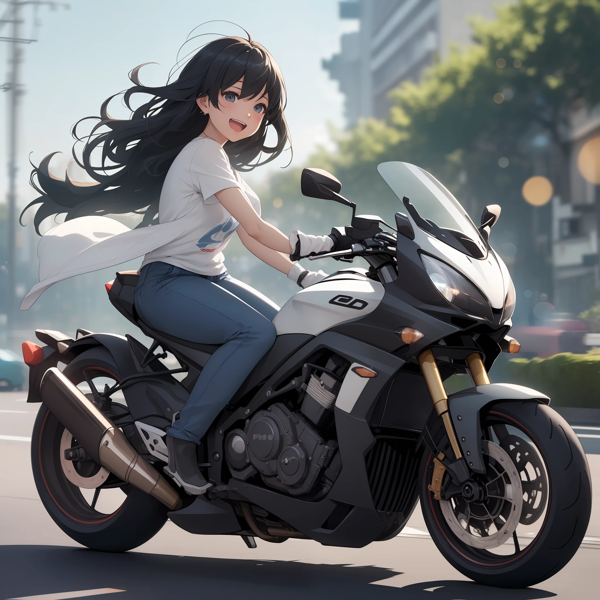 The ultra -The high-definition、Detailed writing、watercolor paiting、(Correct drawing:1.5)、Pale shades、Cool motorcycle、Driving a motorcycle、Ride a motorcycle through the beautiful city while feeling the wind、(Expressing joy with the whole body:1.4)、Black hair Long hair、A little quirky hair、Very cute woman、emotional、Halation、(Bokeh:1.5)、tshirts、JINS、(Motion Blur:1.4)、(Motion Effect:1.5)